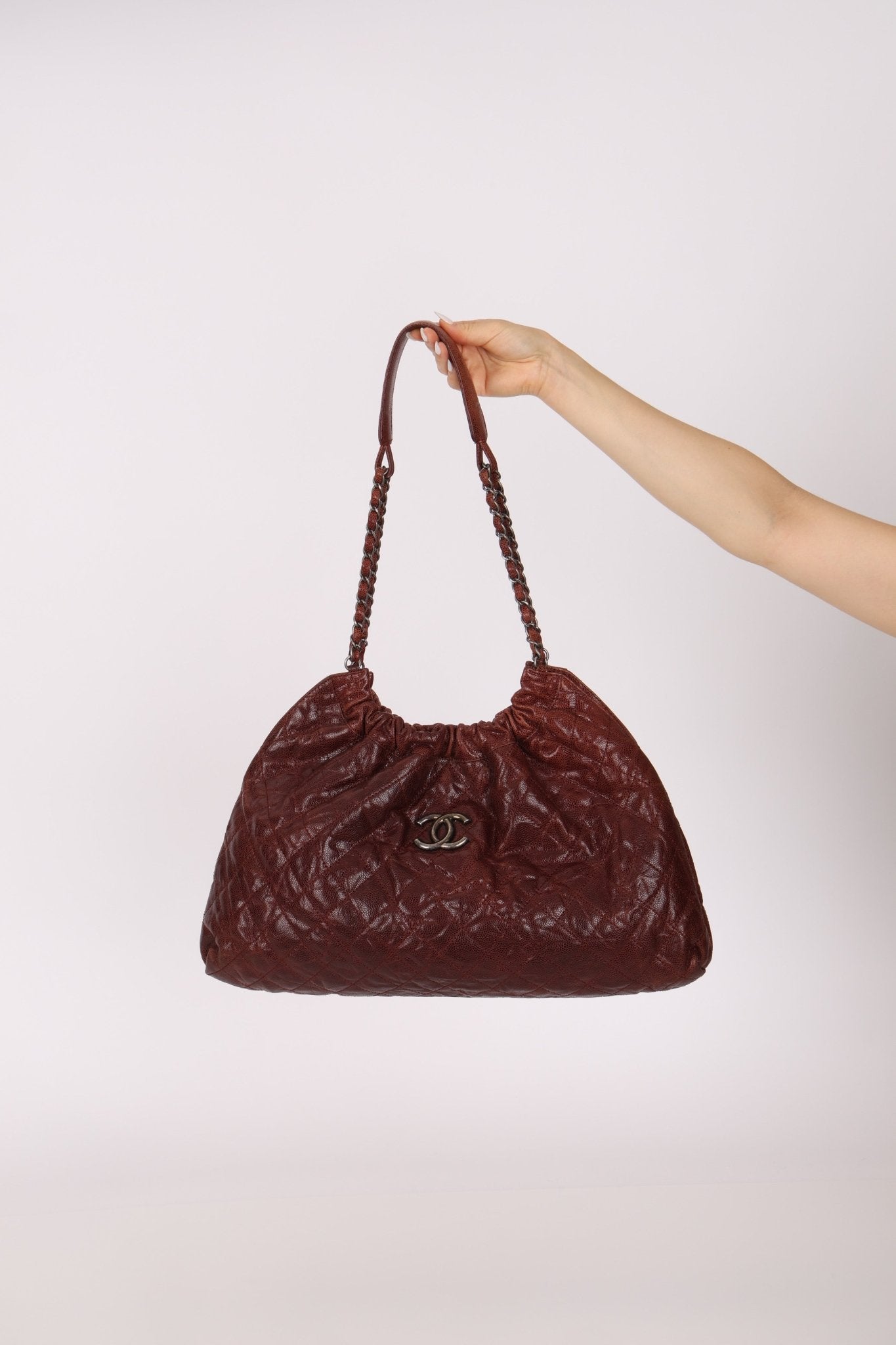 Chanel 2012 Burgundy Aged Caviar Elastic CC Hobo - FashioNica