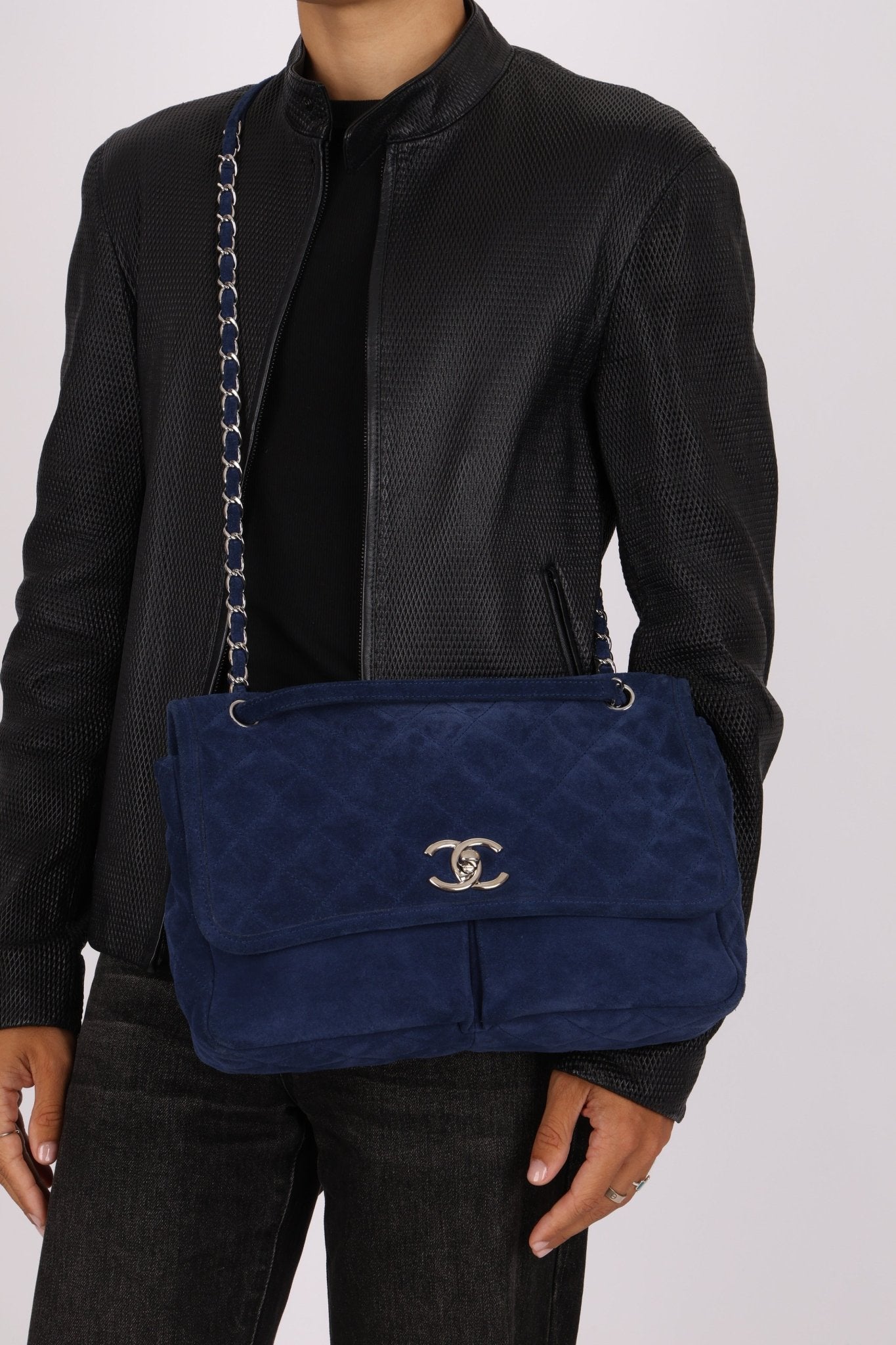 Chanel 2012 Navy Nubuck Natural Beauty Split Pocket Large Flap Bag - FashioNica