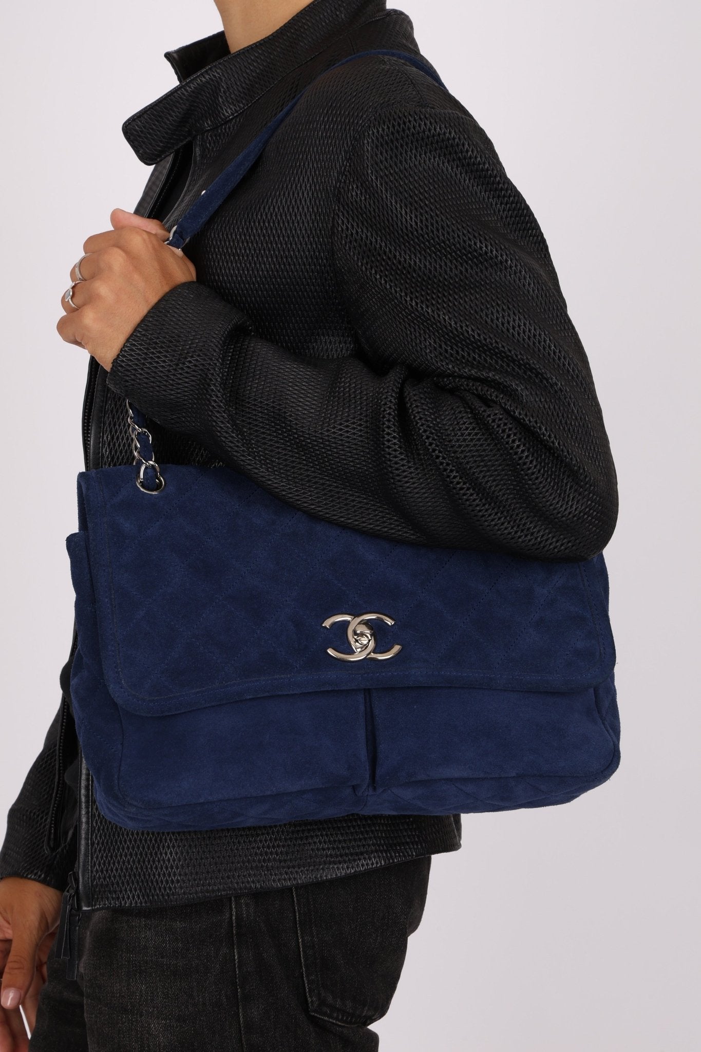 Chanel 2012 Navy Nubuck Natural Beauty Split Pocket Large Flap Bag - FashioNica