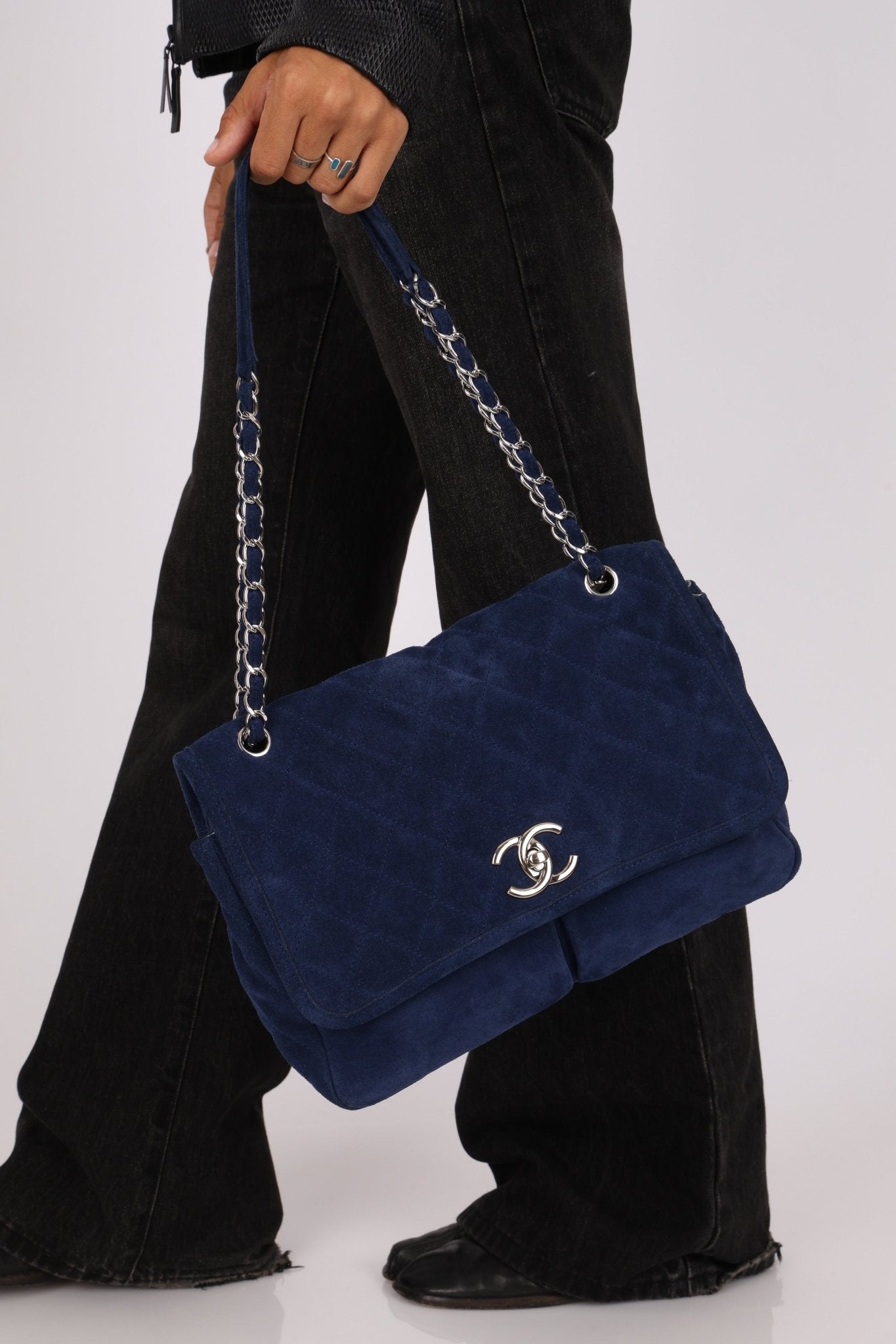Chanel 2012 Navy Nubuck Natural Beauty Split Pocket Large Flap Bag - FashioNica