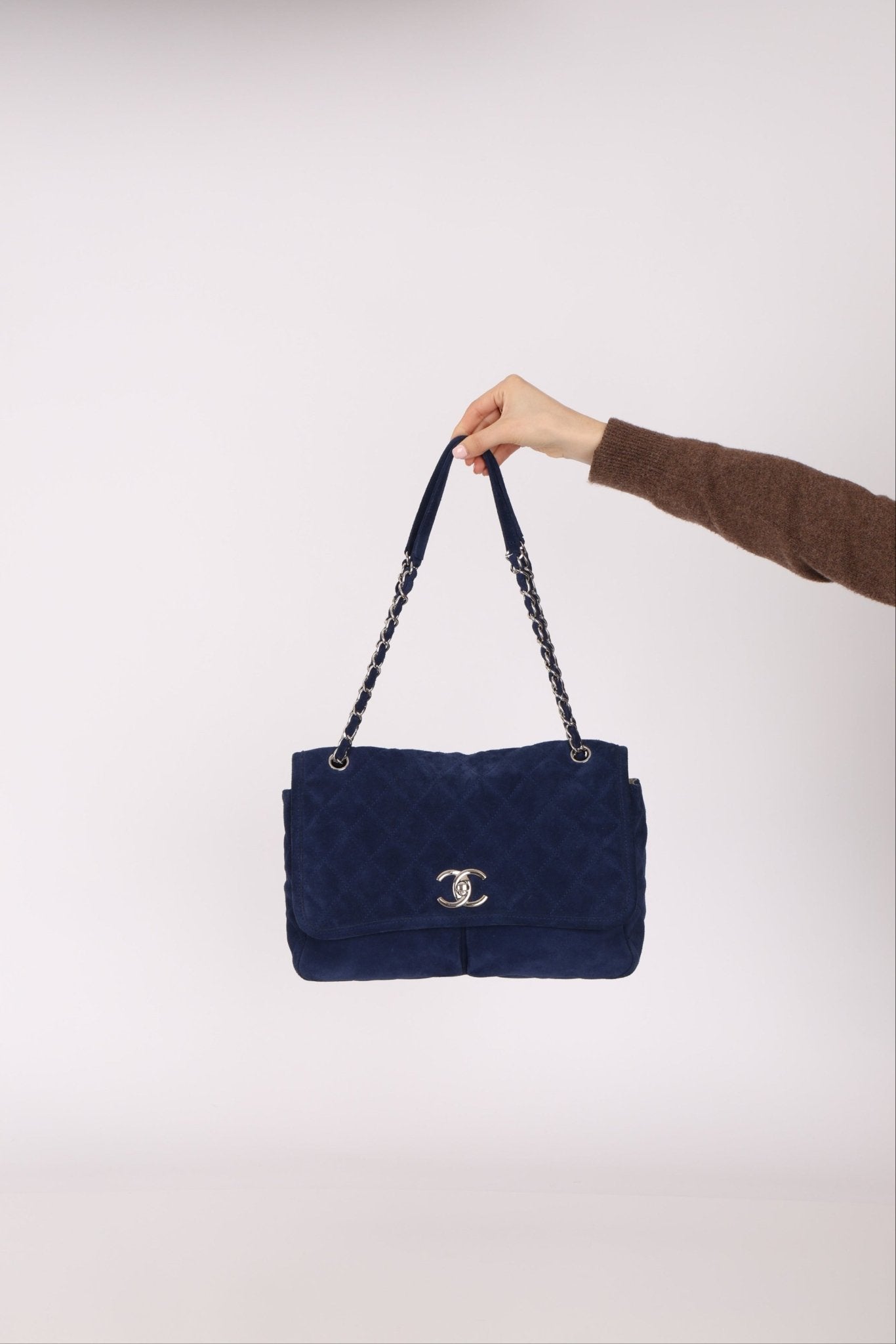 Chanel 2012 Navy Nubuck Natural Beauty Split Pocket Large Flap Bag - FashioNica