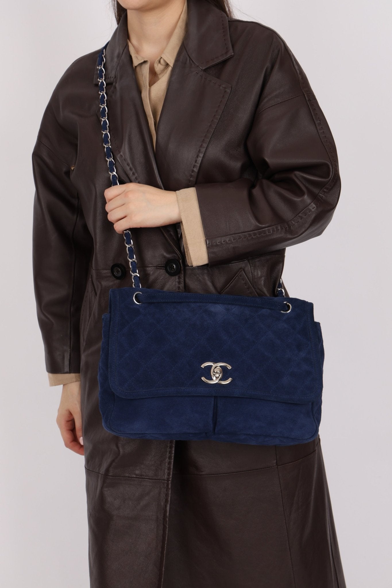 Chanel 2012 Navy Nubuck Natural Beauty Split Pocket Large Flap Bag - FashioNica
