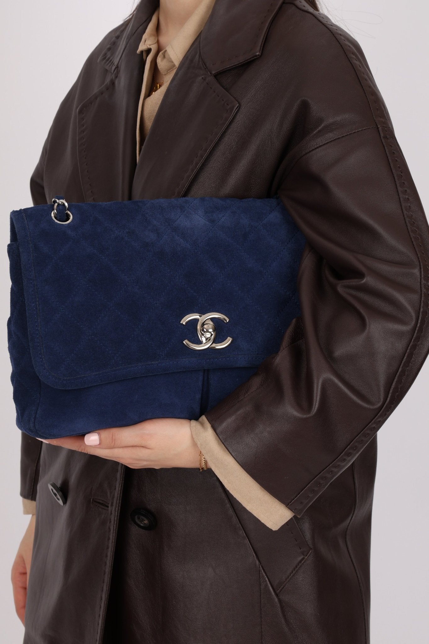Chanel 2012 Navy Nubuck Natural Beauty Split Pocket Large Flap Bag - FashioNica