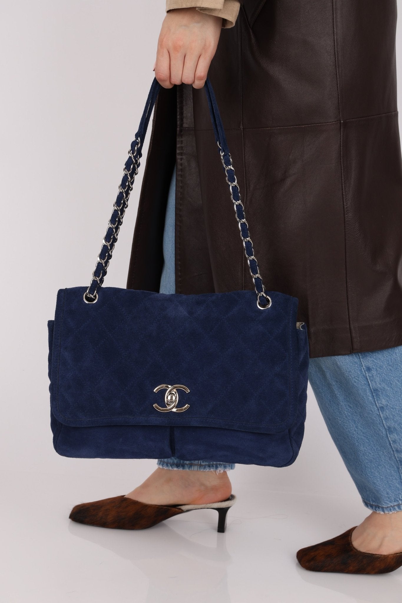 Chanel 2012 Navy Nubuck Natural Beauty Split Pocket Large Flap Bag - FashioNica