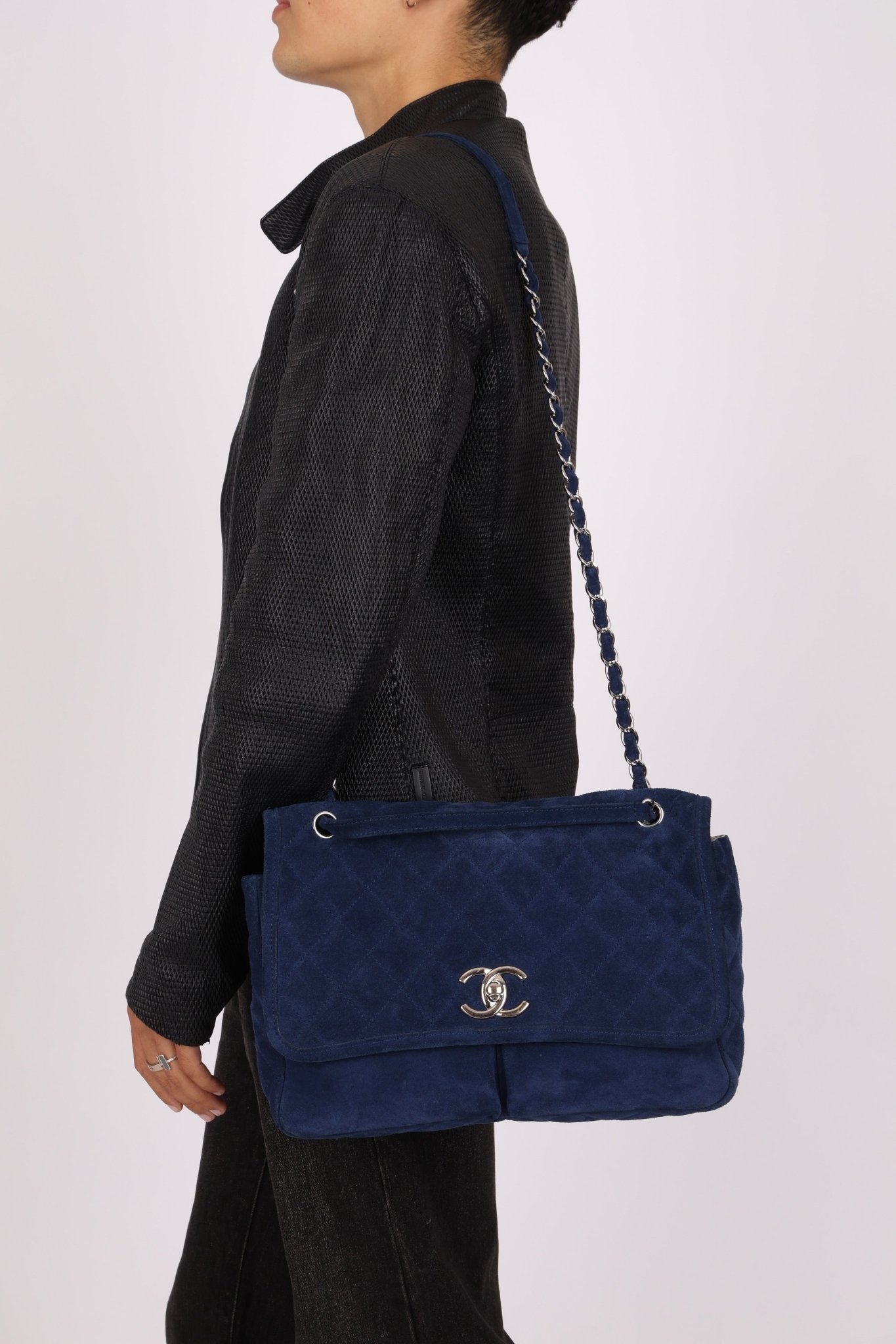 Chanel 2012 Navy Nubuck Natural Beauty Split Pocket Large Flap Bag - FashioNica