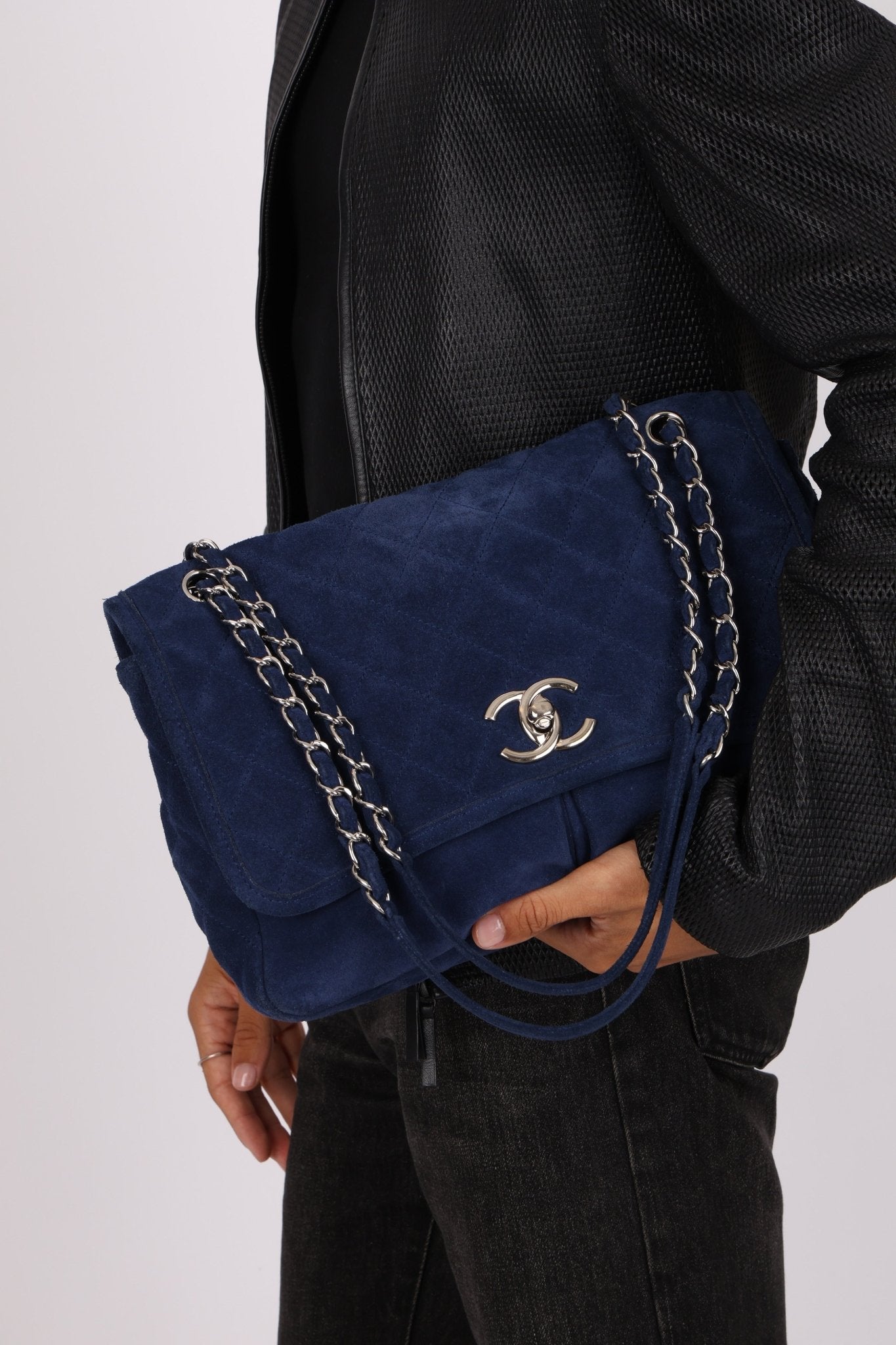 Chanel 2012 Navy Nubuck Natural Beauty Split Pocket Large Flap Bag - FashioNica