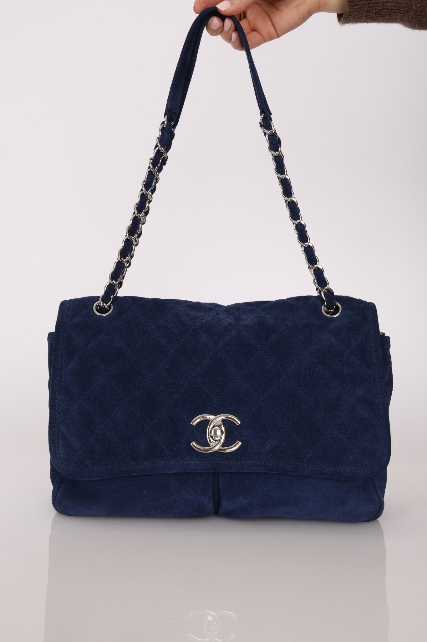 Chanel 2012 Navy Nubuck Natural Beauty Split Pocket Large Flap Bag - FashioNica
