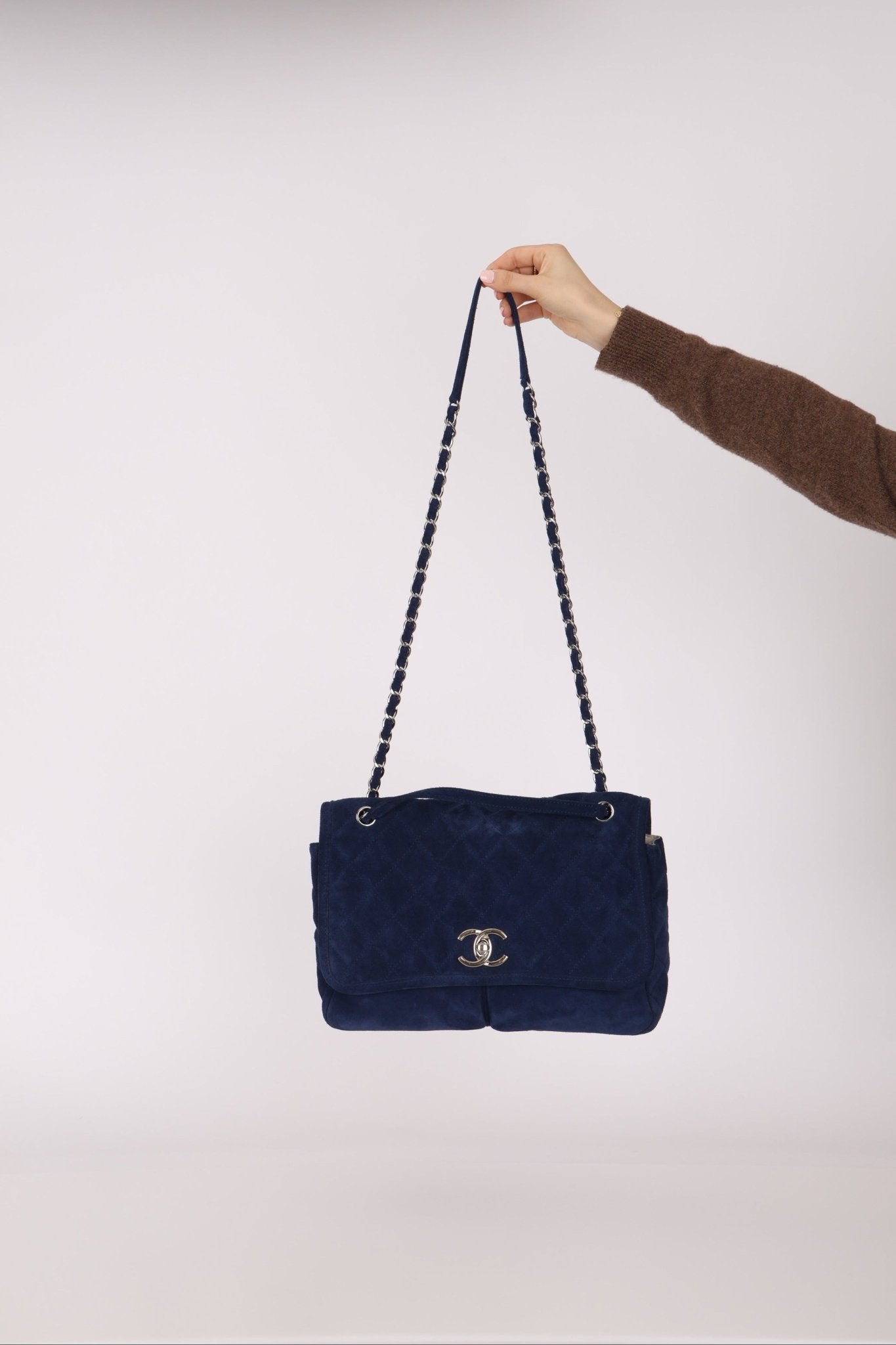 Chanel 2012 Navy Nubuck Natural Beauty Split Pocket Large Flap Bag - FashioNica