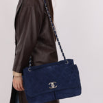 Chanel 2012 Navy Nubuck Natural Beauty Split Pocket Large Flap Bag - FashioNica