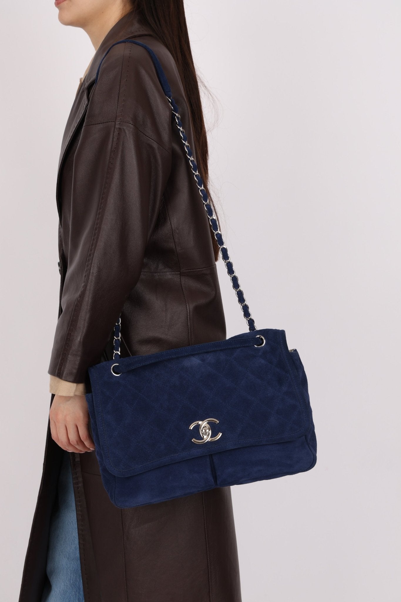 Chanel 2012 Navy Nubuck Natural Beauty Split Pocket Large Flap Bag - FashioNica
