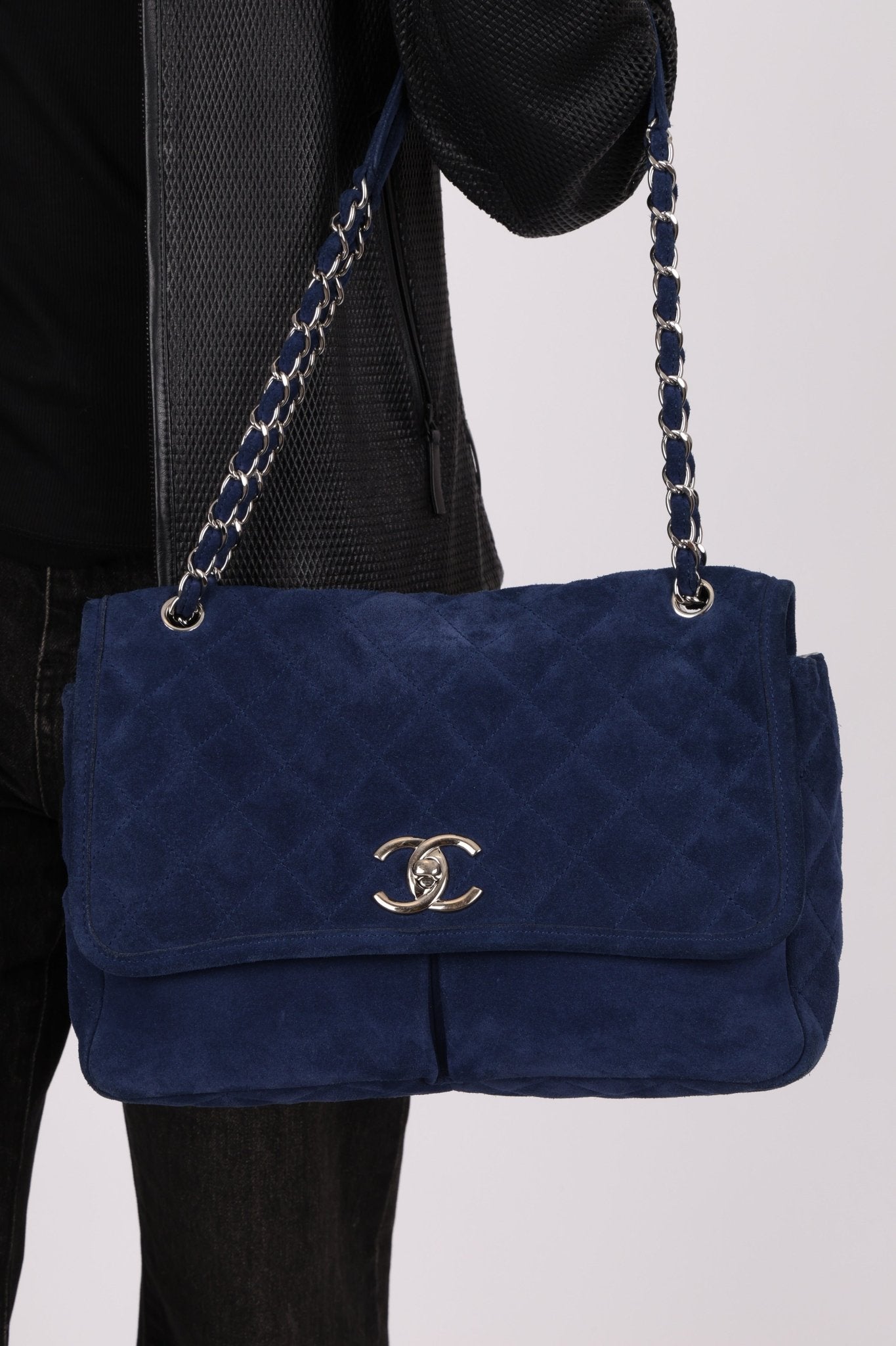 Chanel 2012 Navy Nubuck Natural Beauty Split Pocket Large Flap Bag - FashioNica
