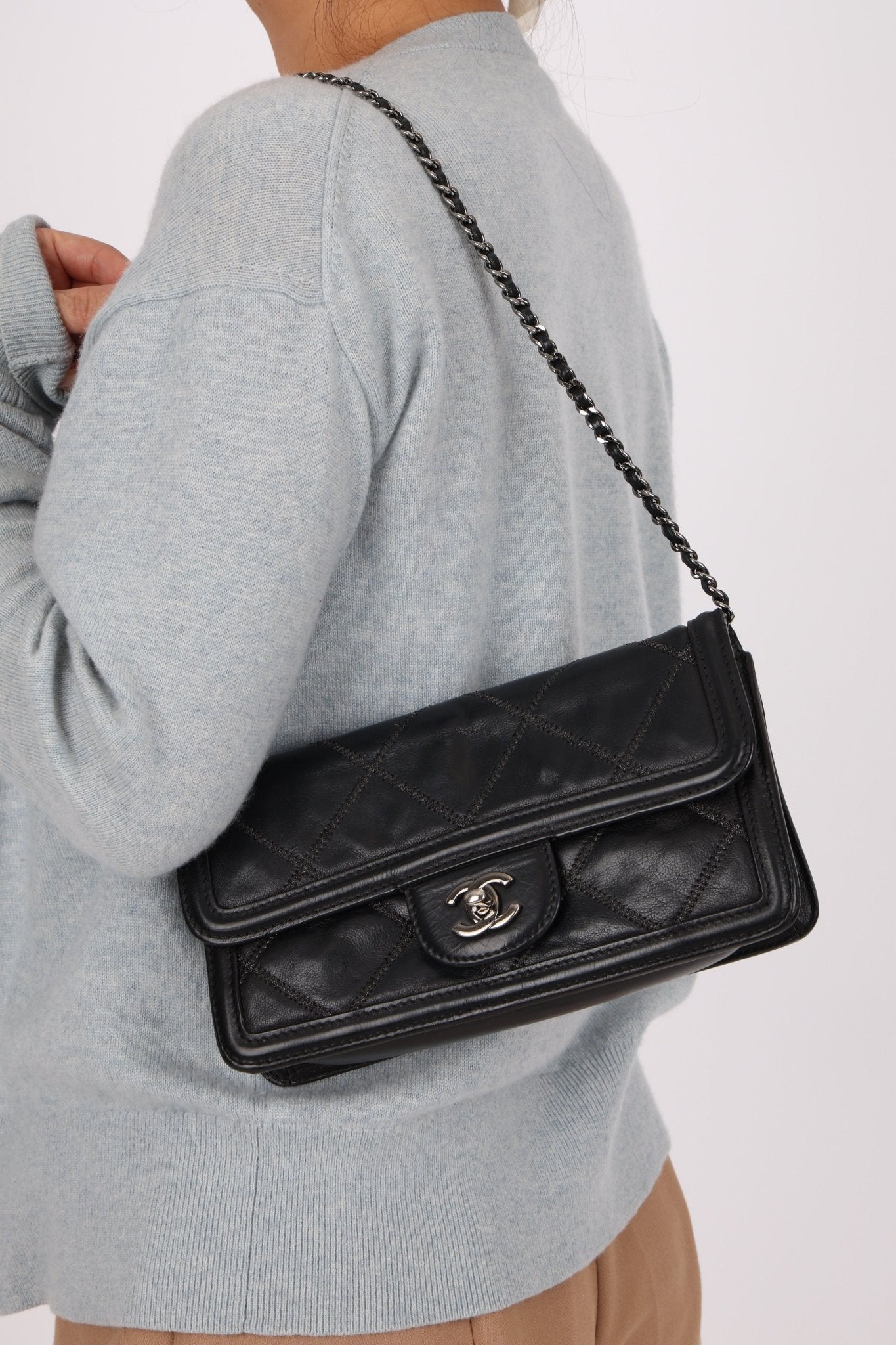 Chanel 2012 Stitches Turnlock Chain East West Flap SHW - FashioNica