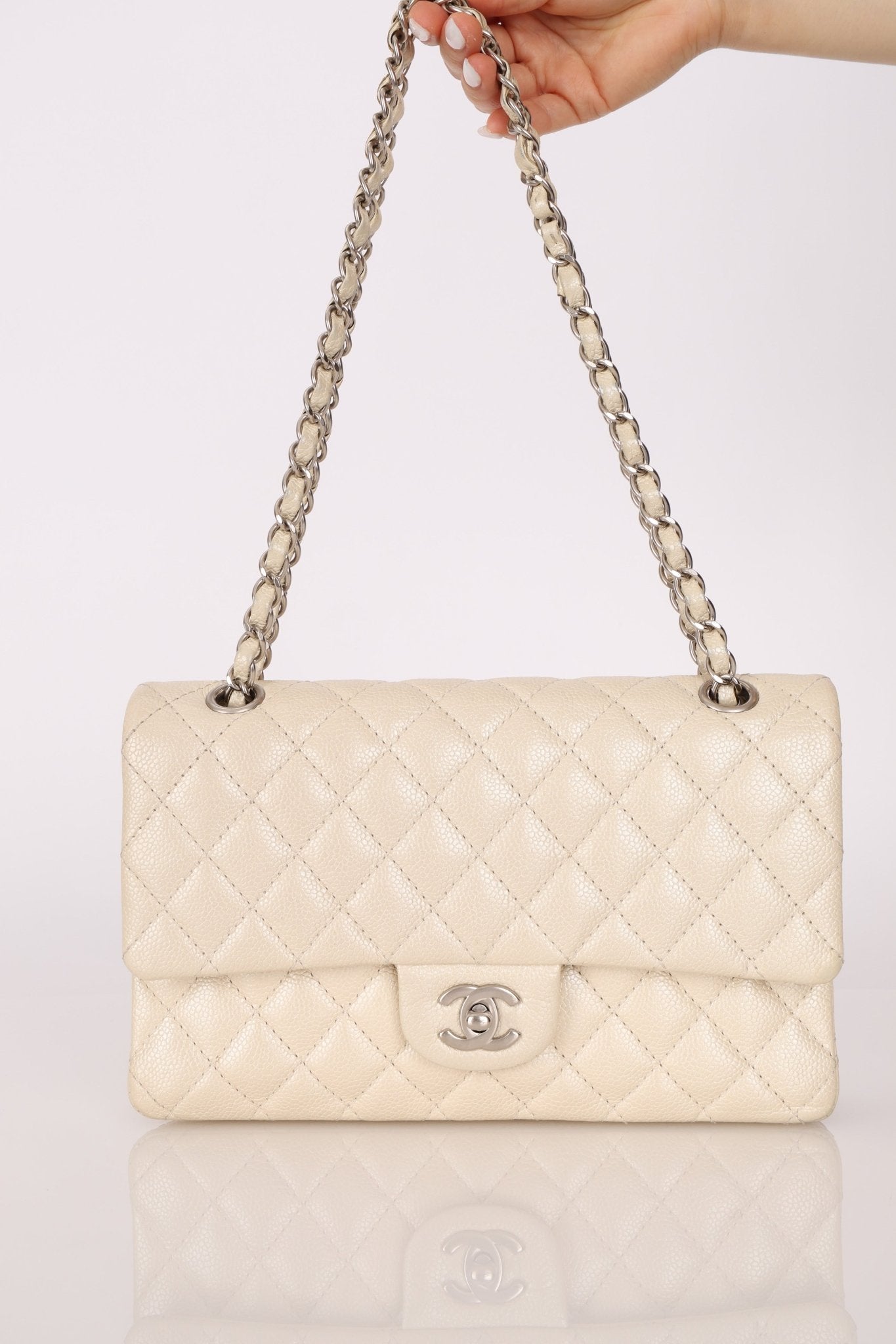 Chanel 2014 Iridescent Ivory Caviar Medium Classic Double Flap - FashioNica