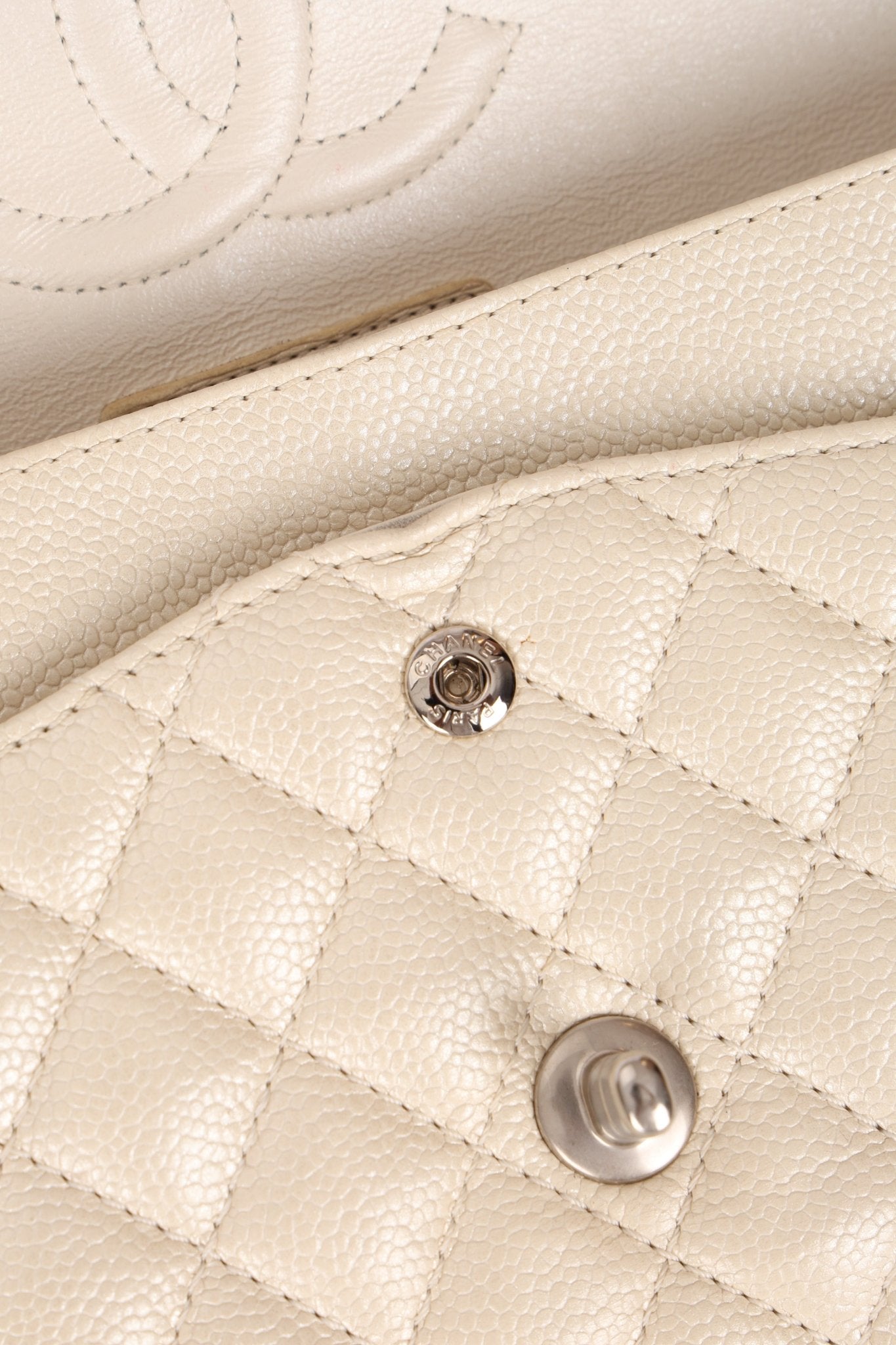 Chanel 2014 Iridescent Ivory Caviar Medium Classic Double Flap - FashioNica