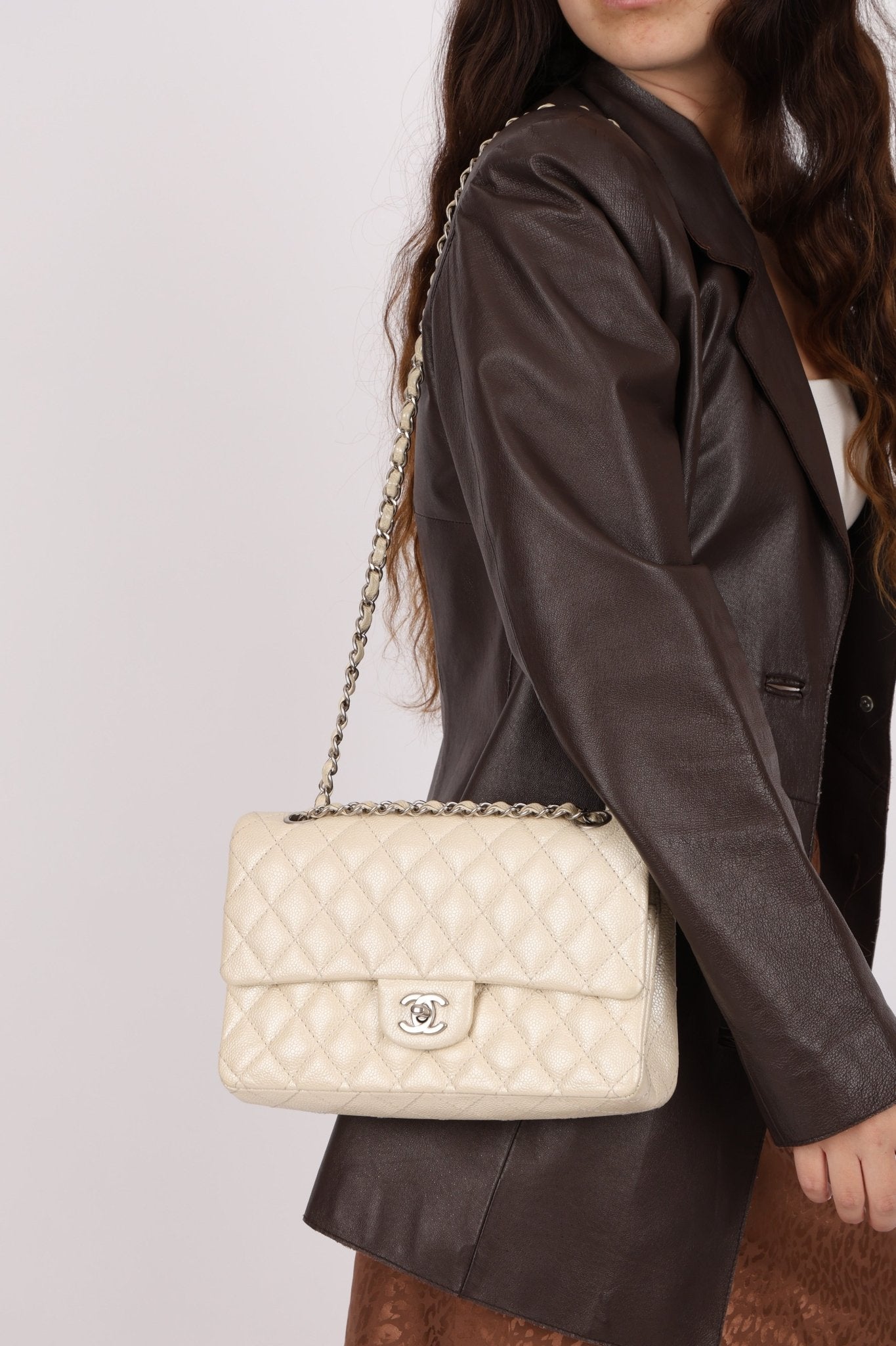 Chanel 2014 Iridescent Ivory Caviar Medium Classic Double Flap - FashioNica