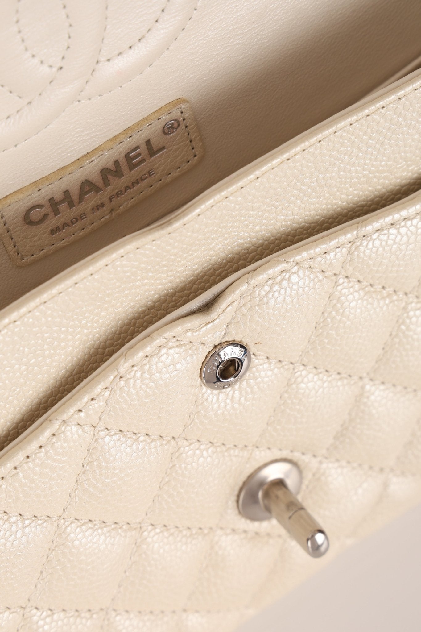 Chanel 2014 Iridescent Ivory Caviar Medium Classic Double Flap - FashioNica