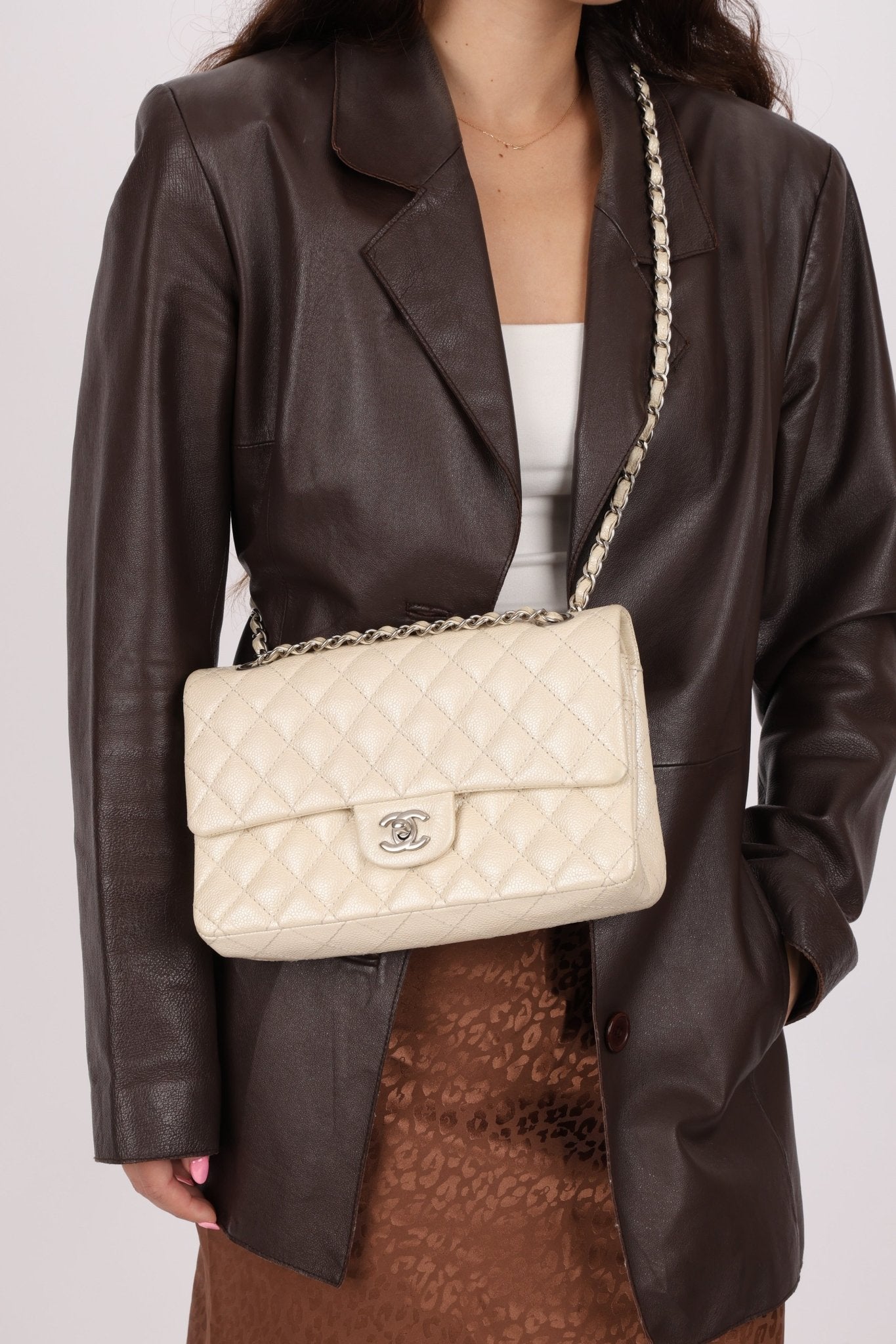 Chanel 2014 Iridescent Ivory Caviar Medium Classic Double Flap - FashioNica