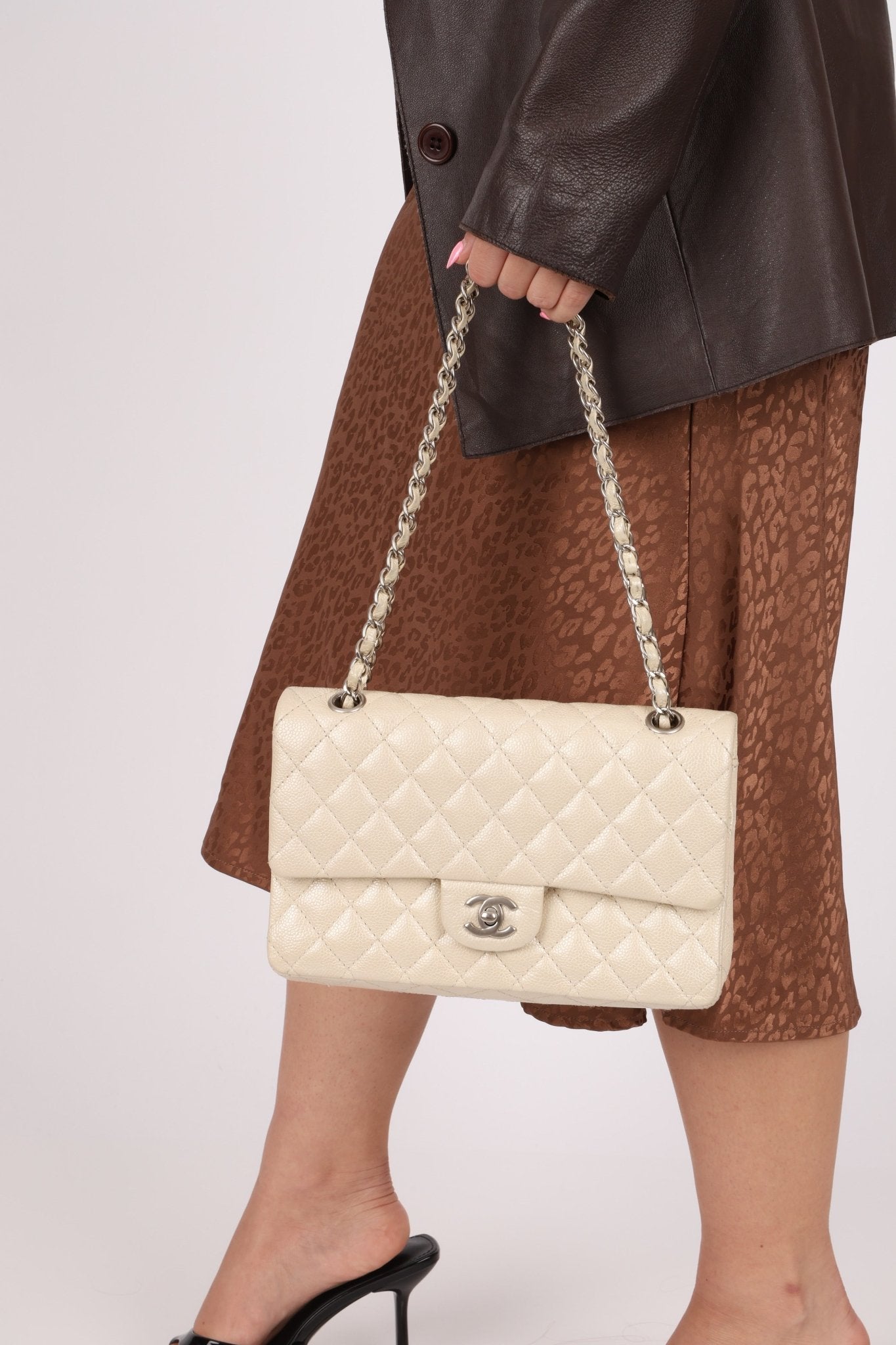 Chanel 2014 Iridescent Ivory Caviar Medium Classic Double Flap - FashioNica
