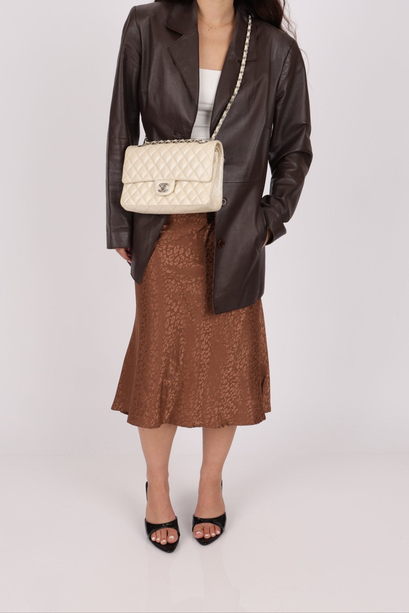 Chanel 2014 Iridescent Ivory Caviar Medium Classic Double Flap - FashioNica