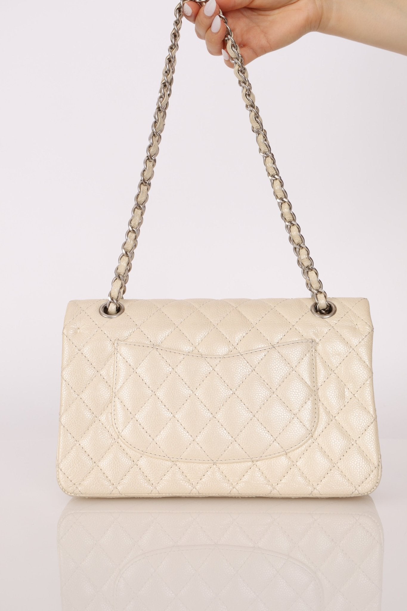 Chanel 2014 Iridescent Ivory Caviar Medium Classic Double Flap - FashioNica