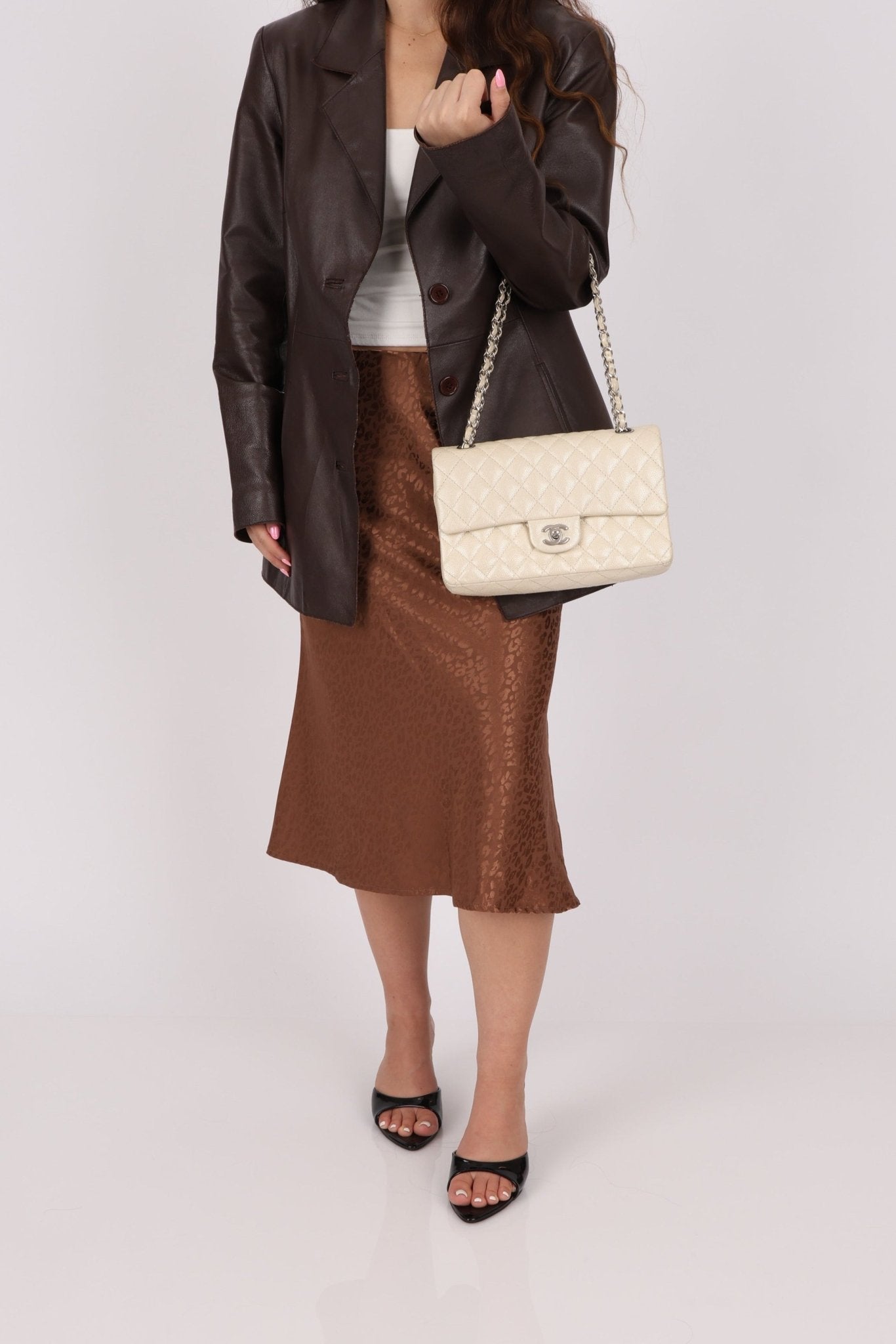 Chanel 2014 Iridescent Ivory Caviar Medium Classic Double Flap - FashioNica