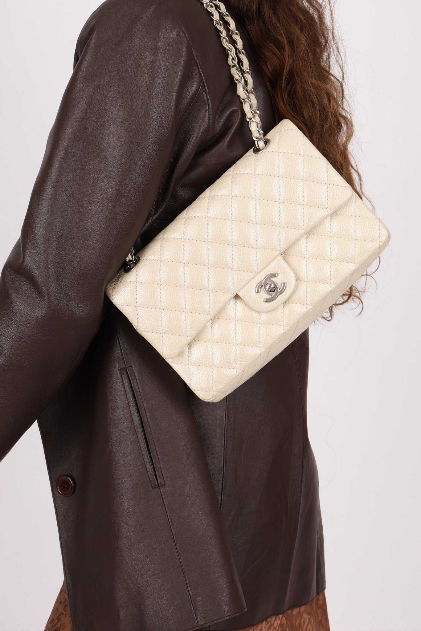 Chanel 2014 Iridescent Ivory Caviar Medium Classic Double Flap - FashioNica