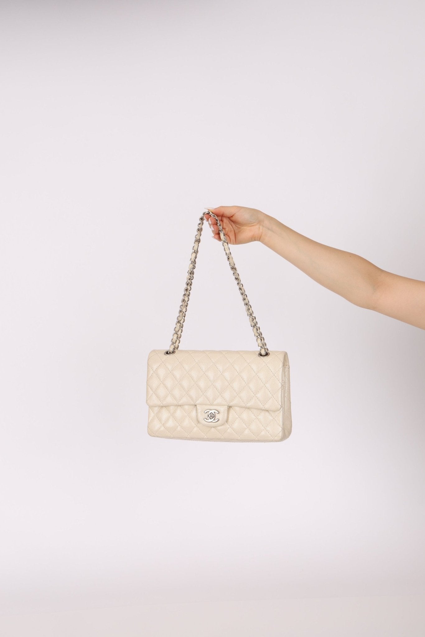 Chanel 2014 Iridescent Ivory Caviar Medium Classic Double Flap - FashioNica