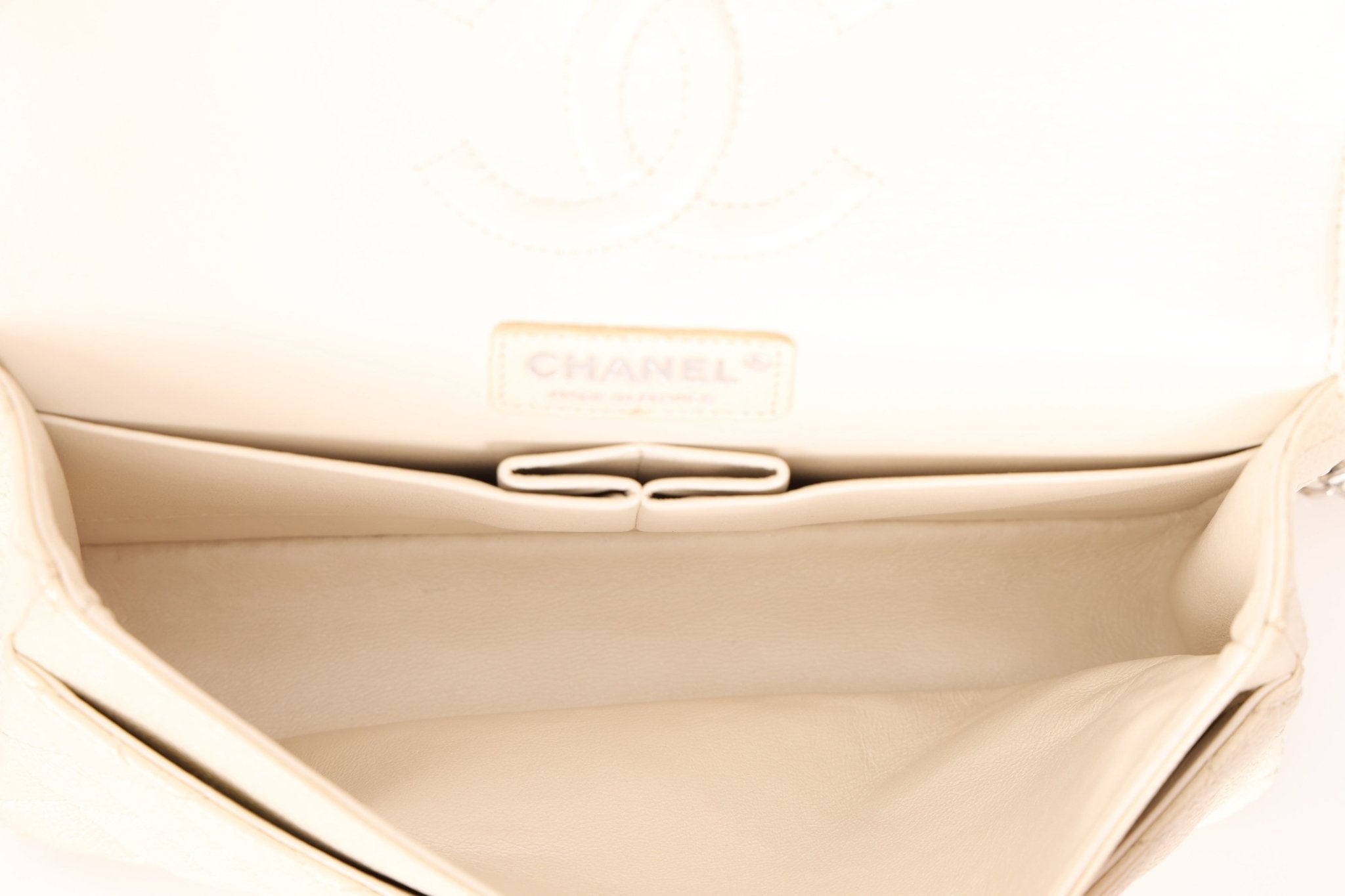 Chanel 2014 Iridescent Ivory Caviar Medium Classic Double Flap - FashioNica