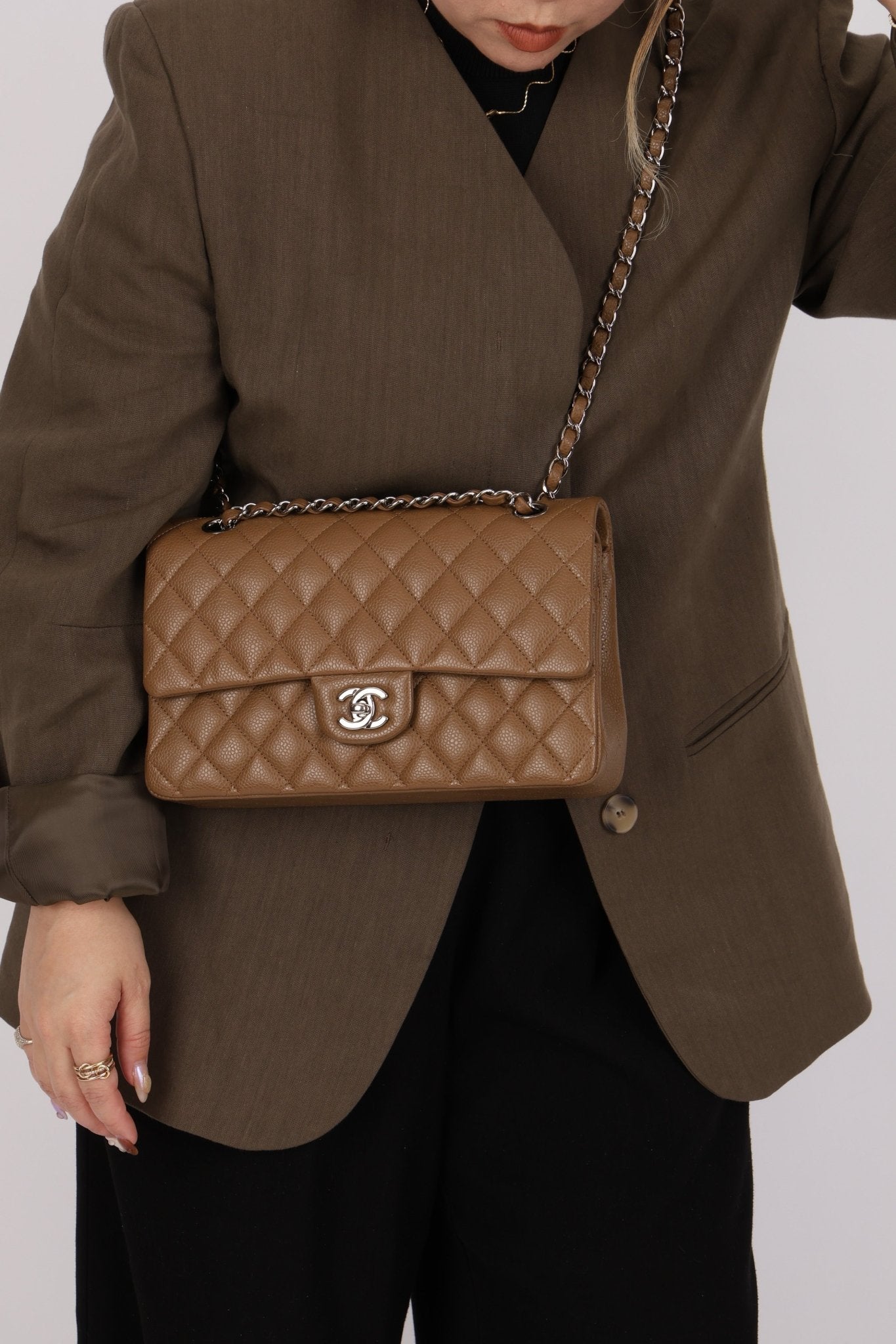 Chanel 2014 Taupe Caviar Medium Classic Double Flap SHW - FashioNica