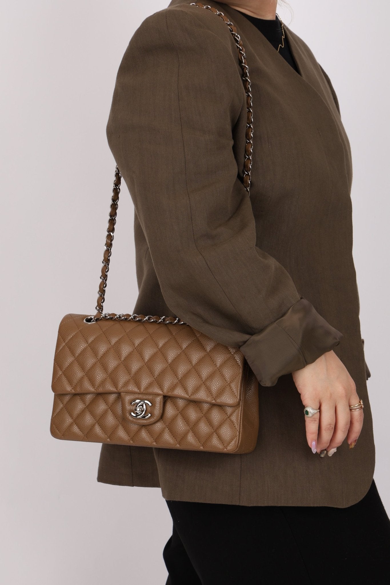 Chanel 2014 Taupe Caviar Medium Classic Double Flap SHW - FashioNica