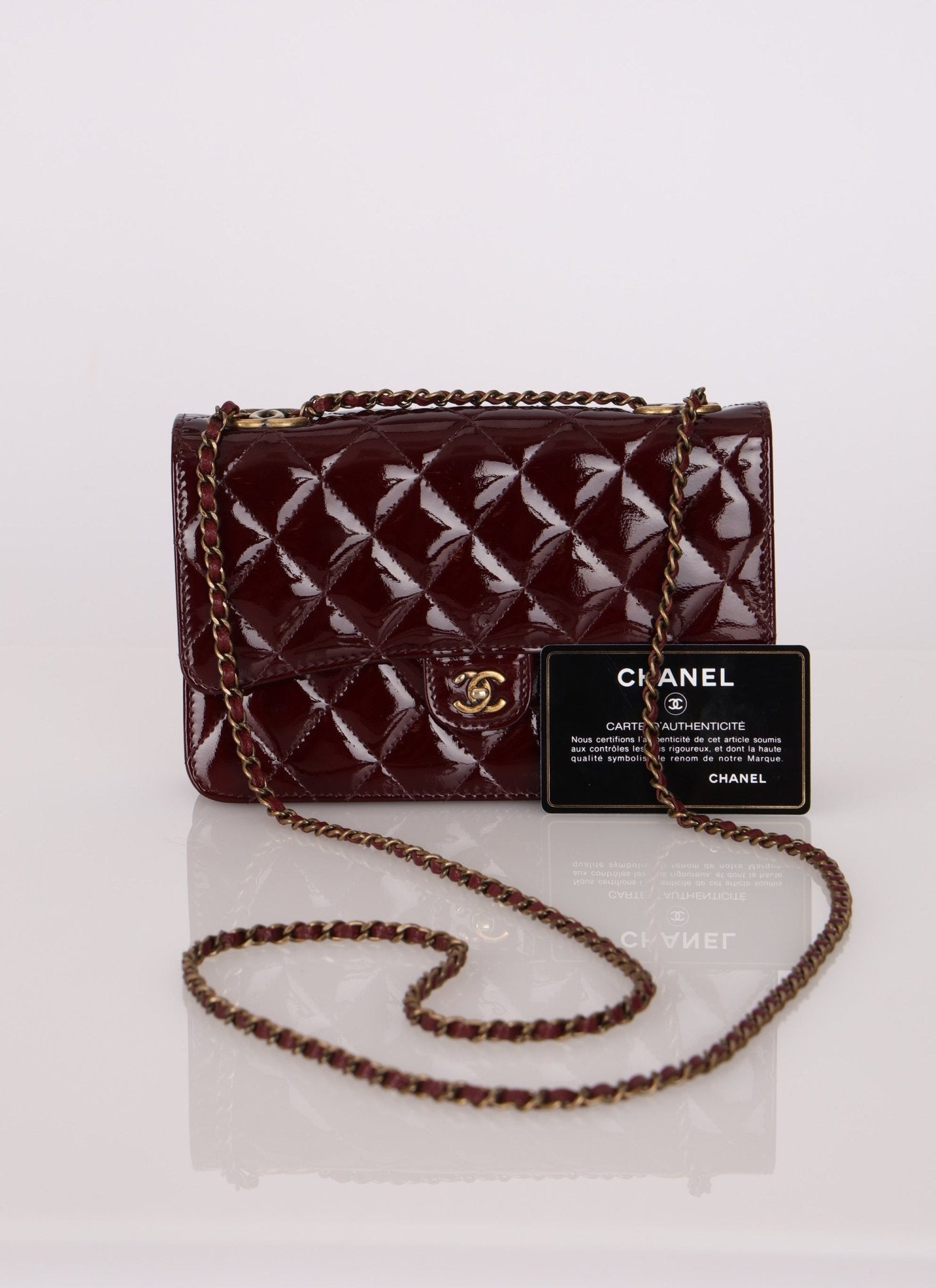 Chanel 2015 Bordeaux Eyelet Patent Wallet on Chain - FashioNica