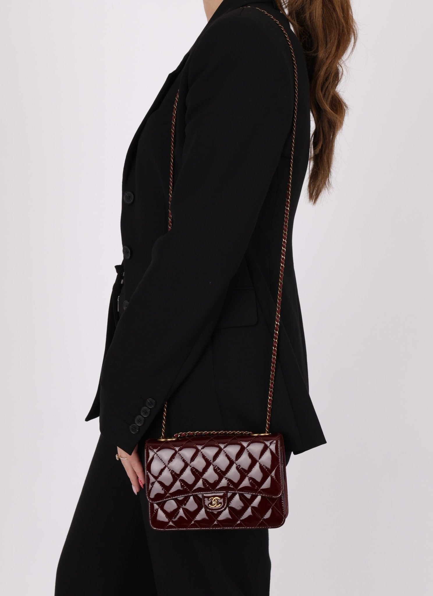 Chanel 2015 Bordeaux Eyelet Patent Wallet on Chain - FashioNica