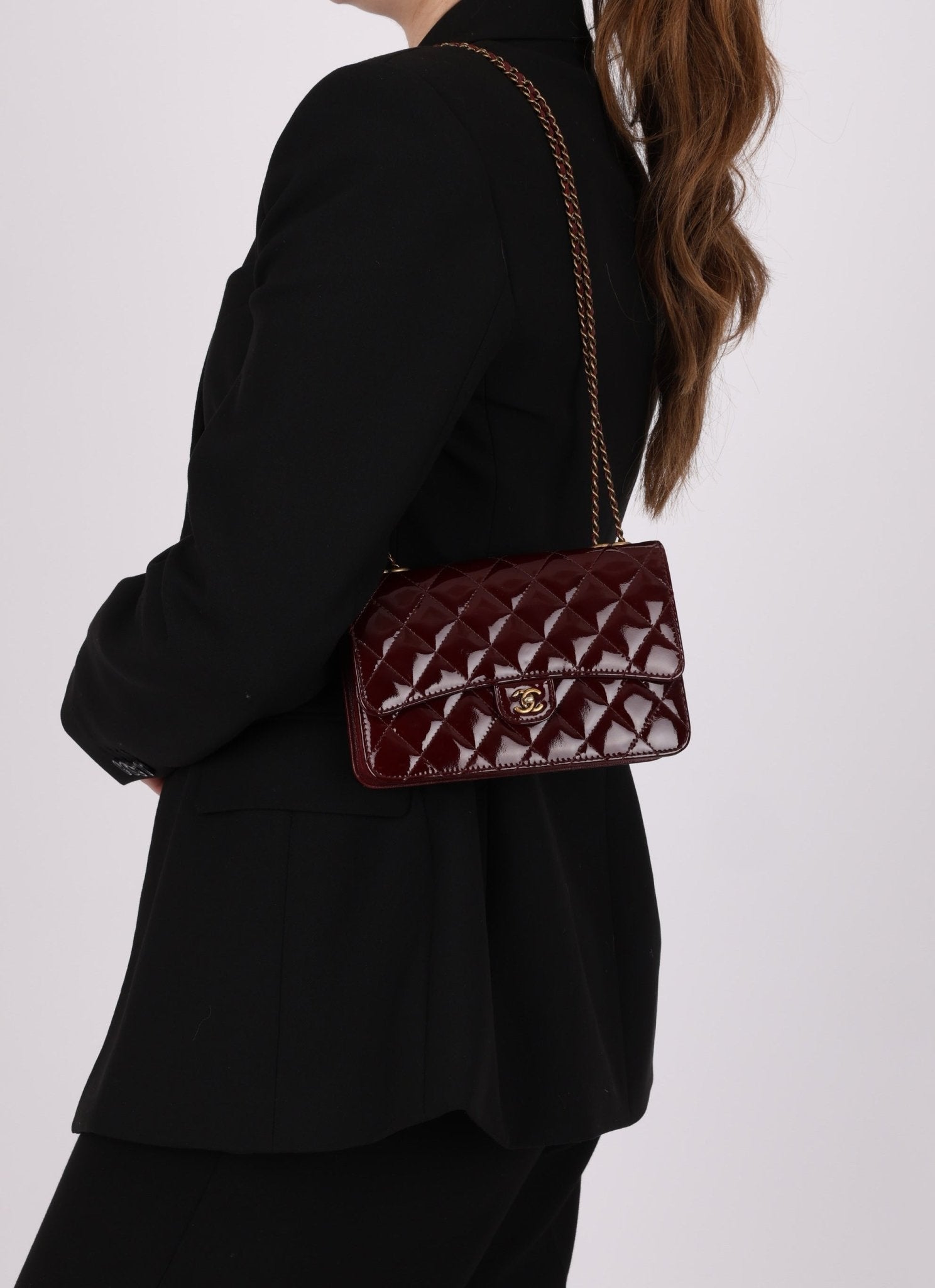 Chanel 2015 Bordeaux Eyelet Patent Wallet on Chain - FashioNica