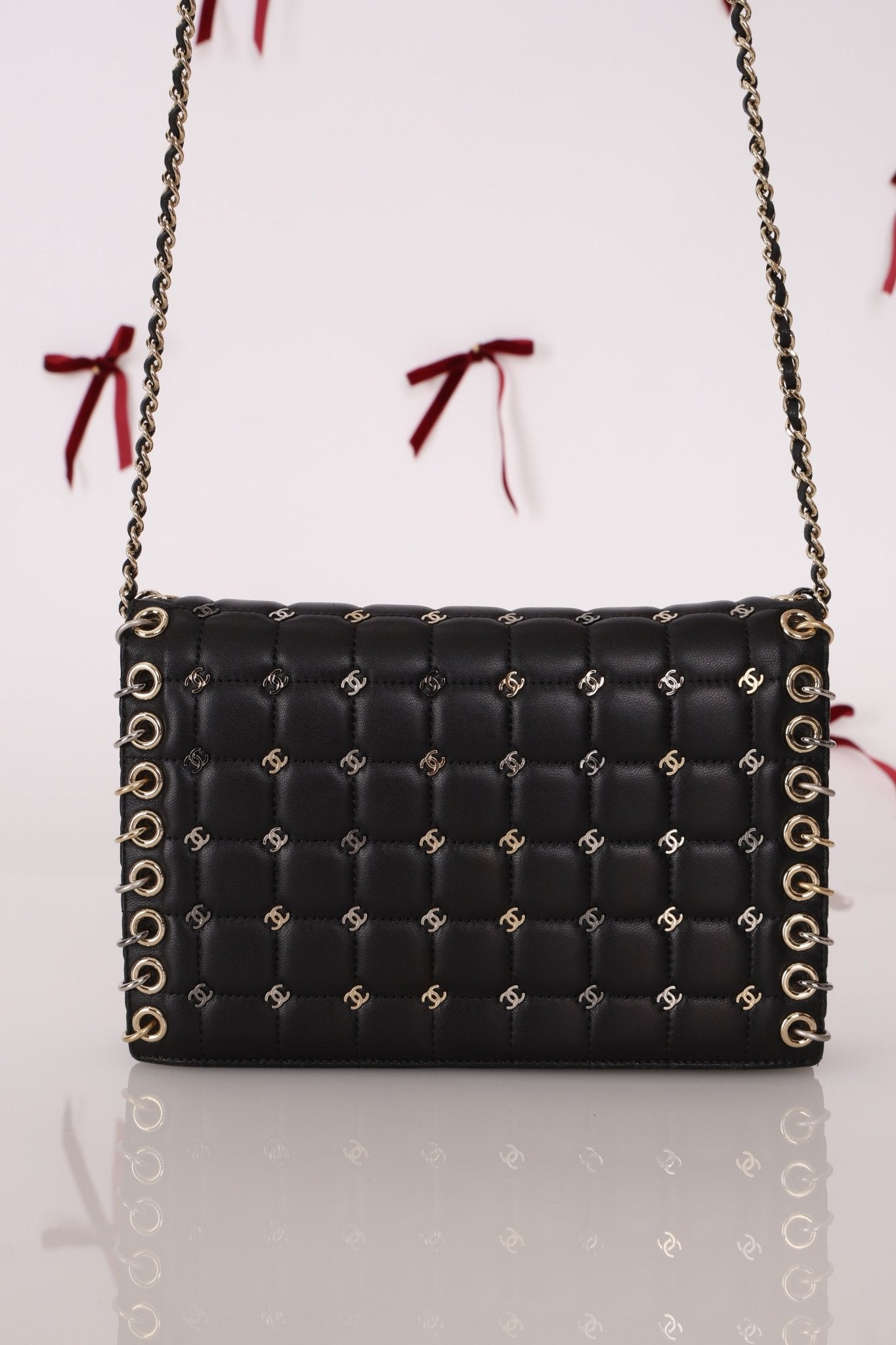Chanel 2015 Lambskin Chocolate Bar Piercing CC Studded Mini Full Flap - FashioNica