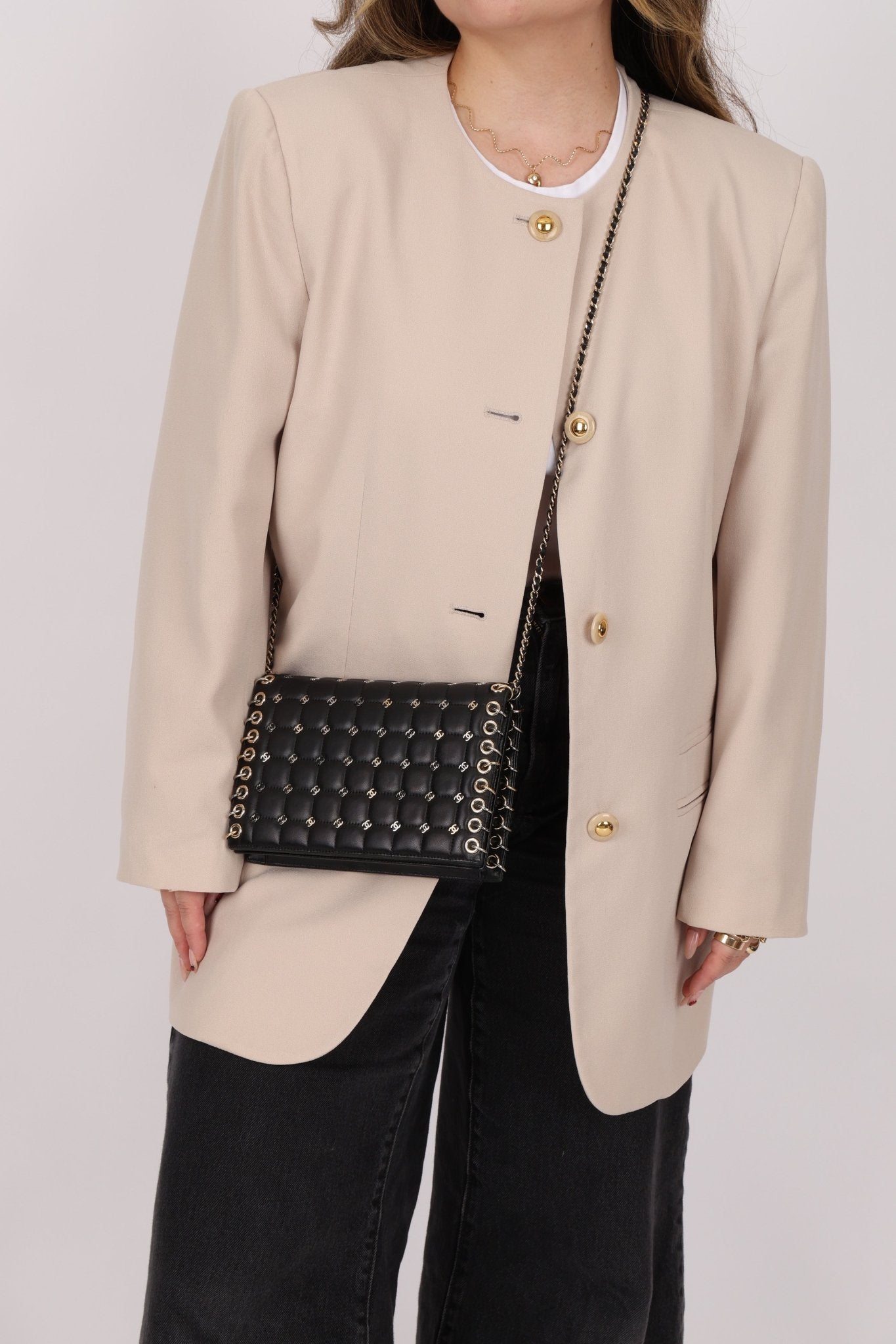 Chanel 2015 Lambskin Chocolate Bar Piercing CC Studded Mini Full Flap - FashioNica