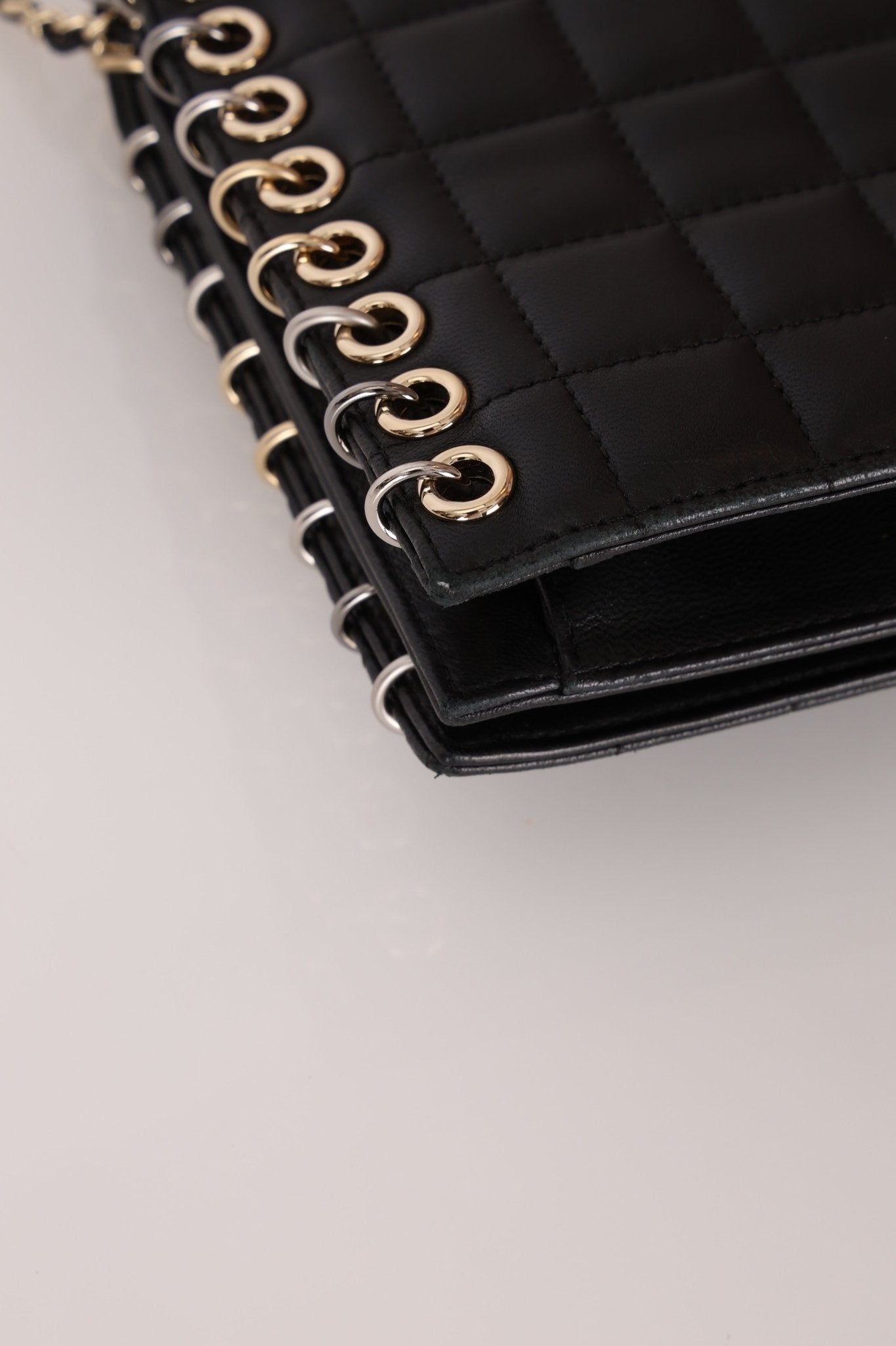 Chanel 2015 Lambskin Chocolate Bar Piercing CC Studded Mini Full Flap - FashioNica