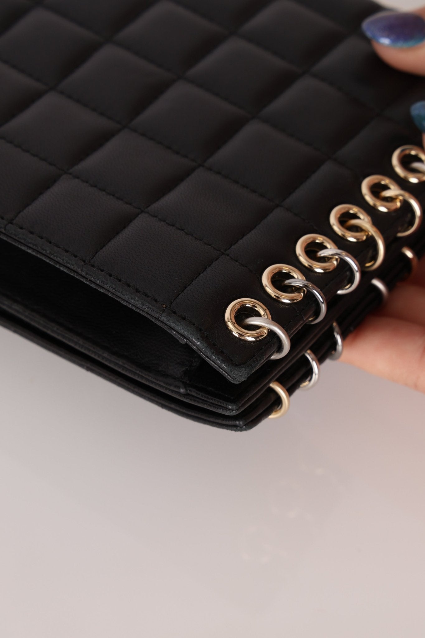 Chanel 2015 Lambskin Chocolate Bar Piercing CC Studded Mini Full Flap - FashioNica