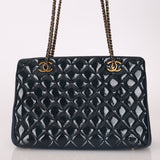 Chanel 2015 Patent Goatskin Medium Navy CC Eyelet Tote - FashioNica