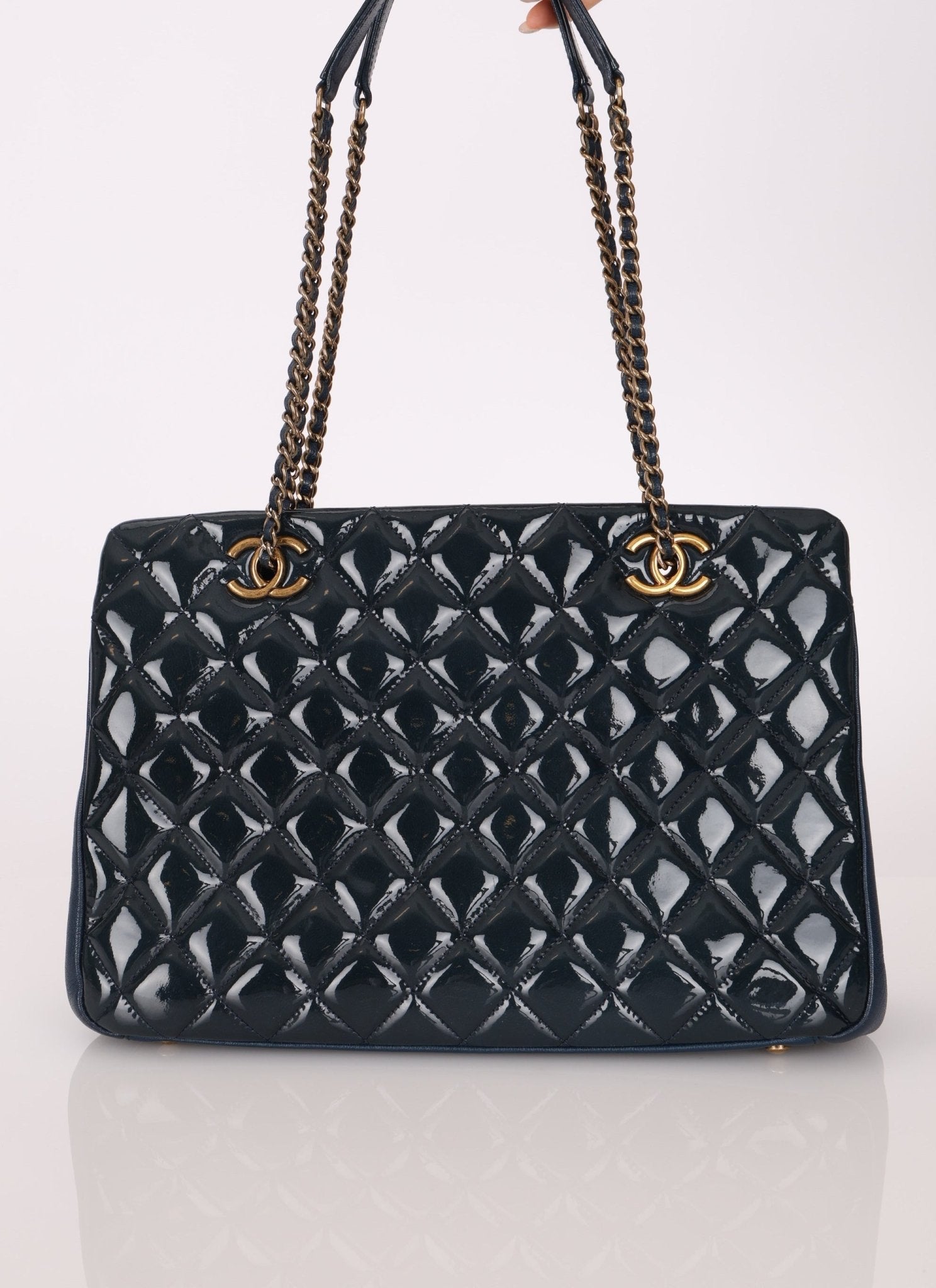 Chanel 2015 Patent Goatskin Medium Navy CC Eyelet Tote - FashioNica