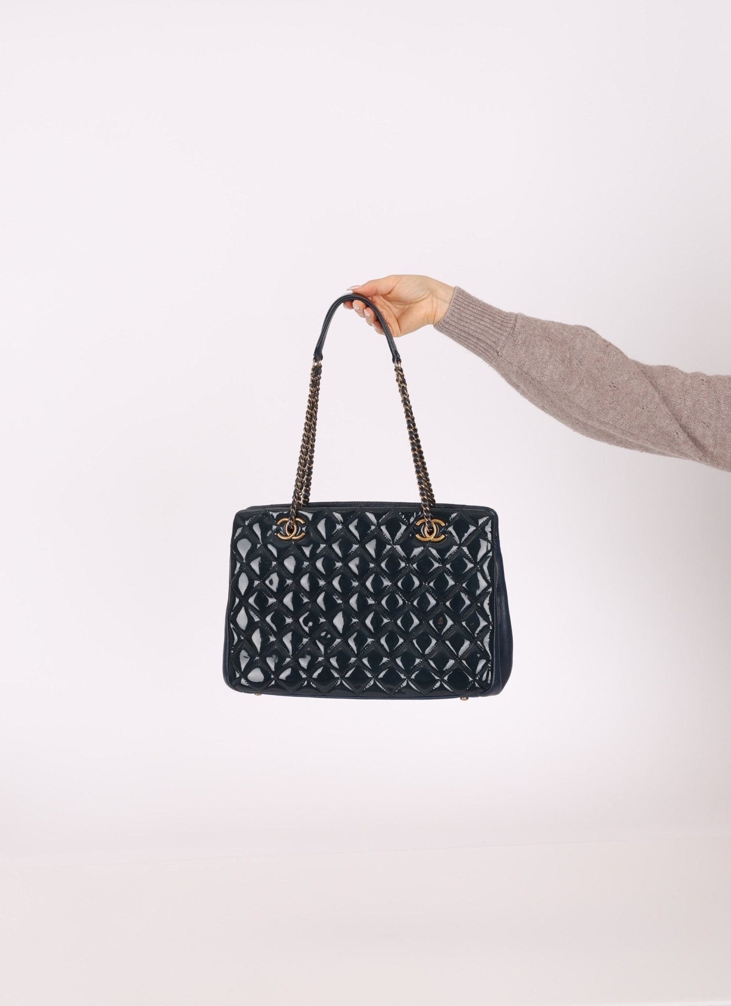 Chanel 2015 Patent Goatskin Medium Navy CC Eyelet Tote - FashioNica
