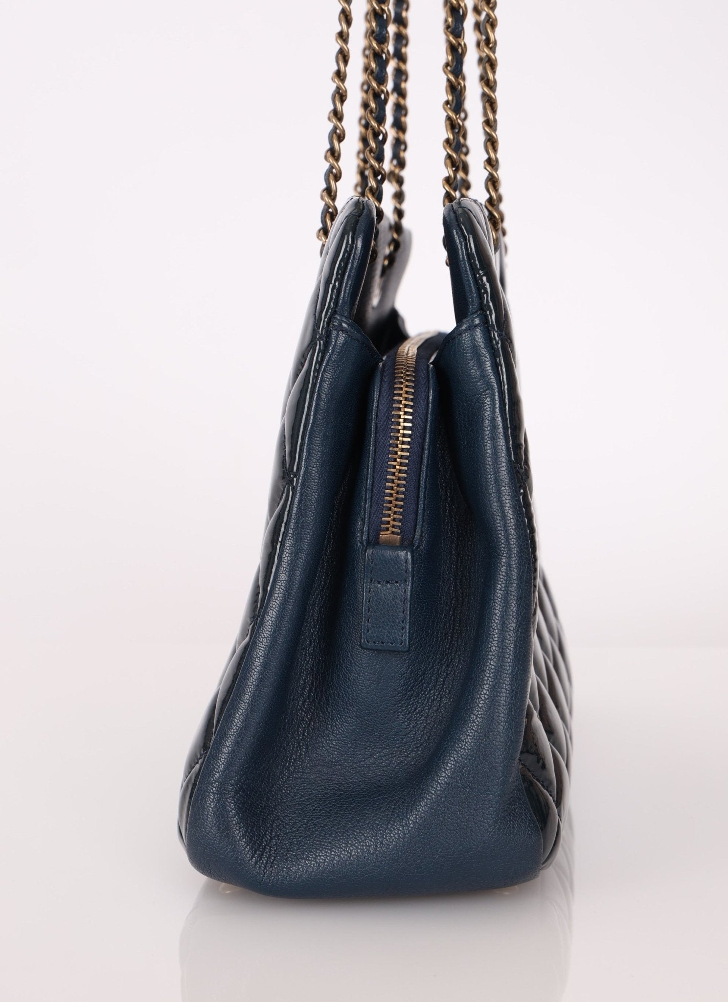 Chanel 2015 Patent Goatskin Medium Navy CC Eyelet Tote - FashioNica