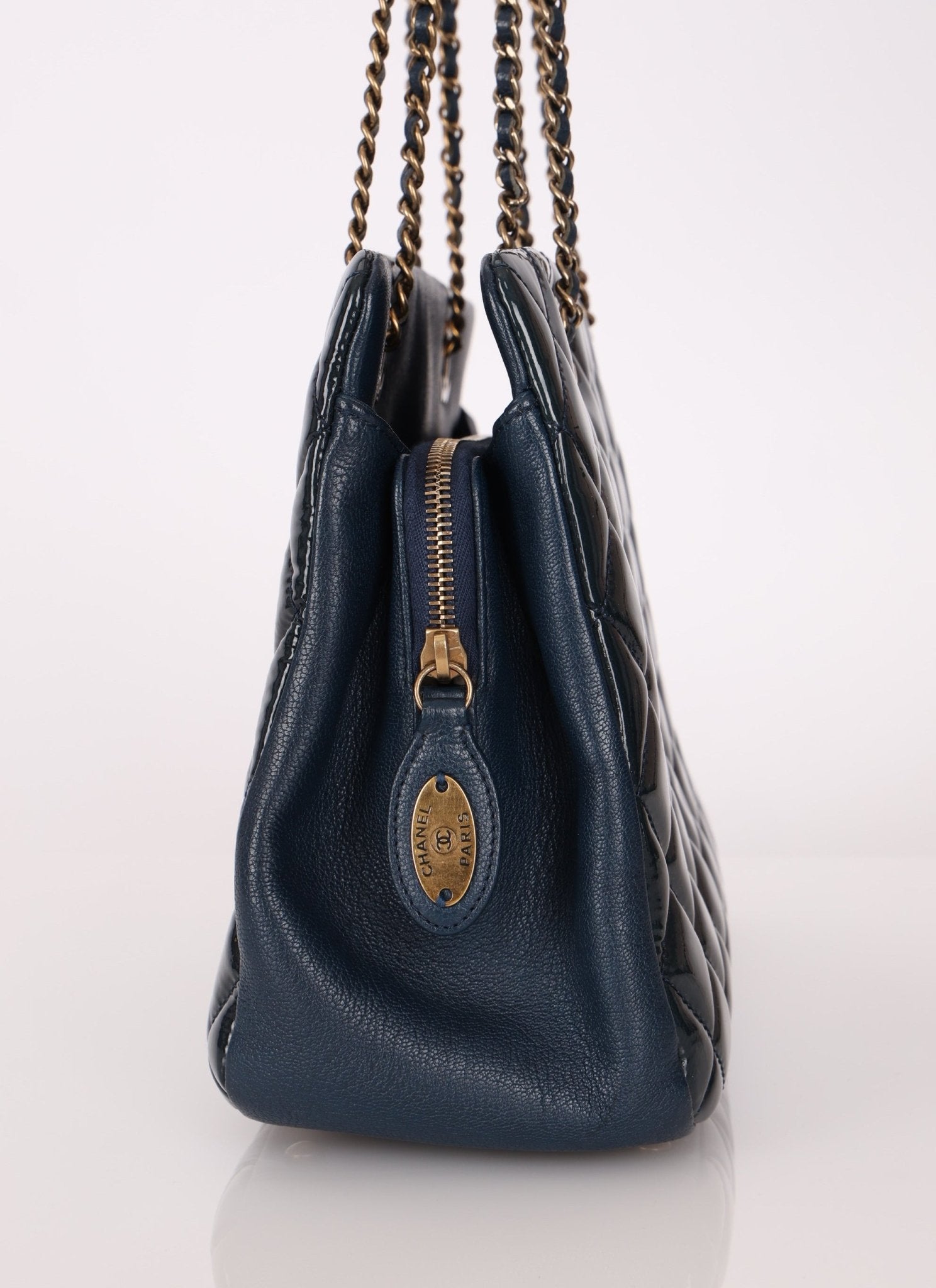 Chanel 2015 Patent Goatskin Medium Navy CC Eyelet Tote - FashioNica