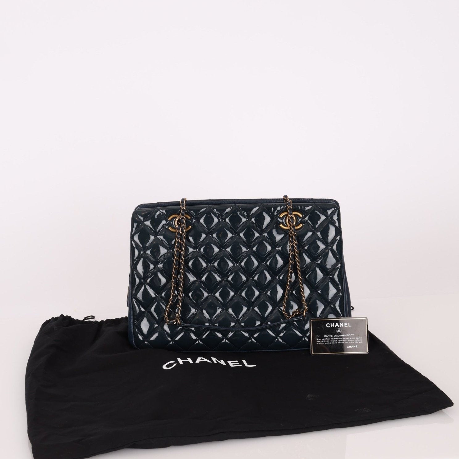 Chanel 2015 Patent Goatskin Medium Navy CC Eyelet Tote - FashioNica
