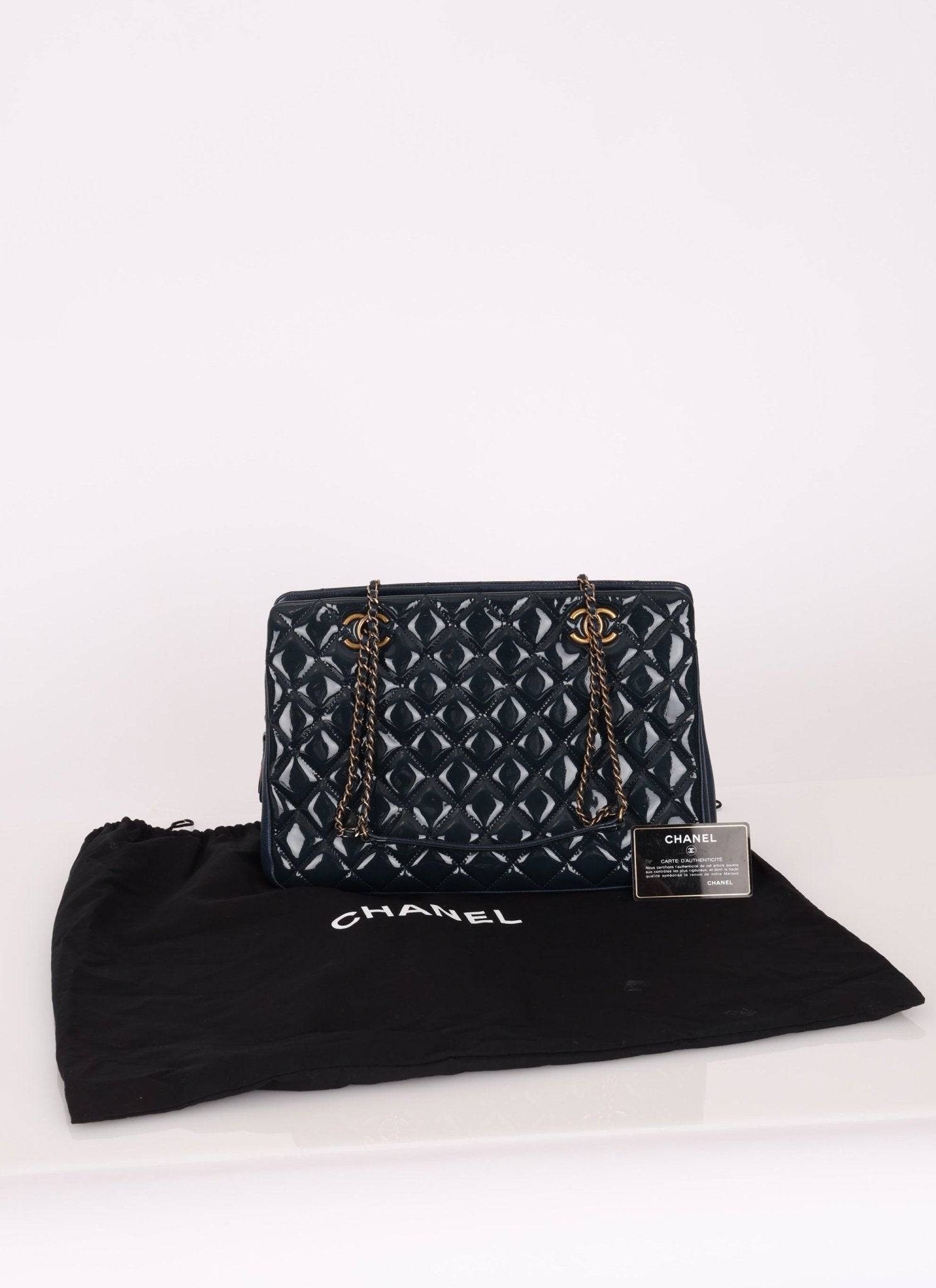Chanel 2015 Patent Goatskin Medium Navy CC Eyelet Tote - FashioNica