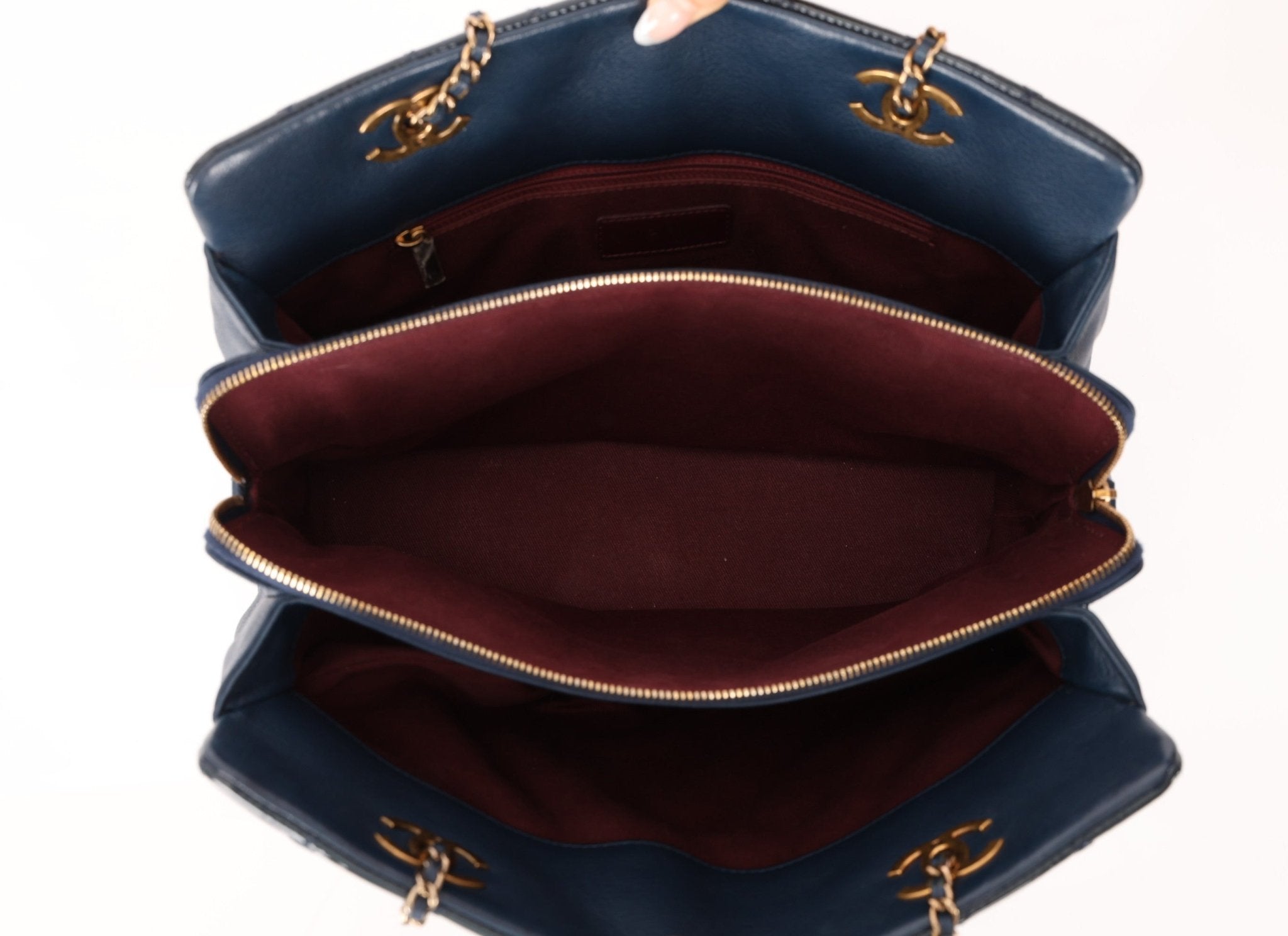 Chanel 2015 Patent Goatskin Medium Navy CC Eyelet Tote - FashioNica