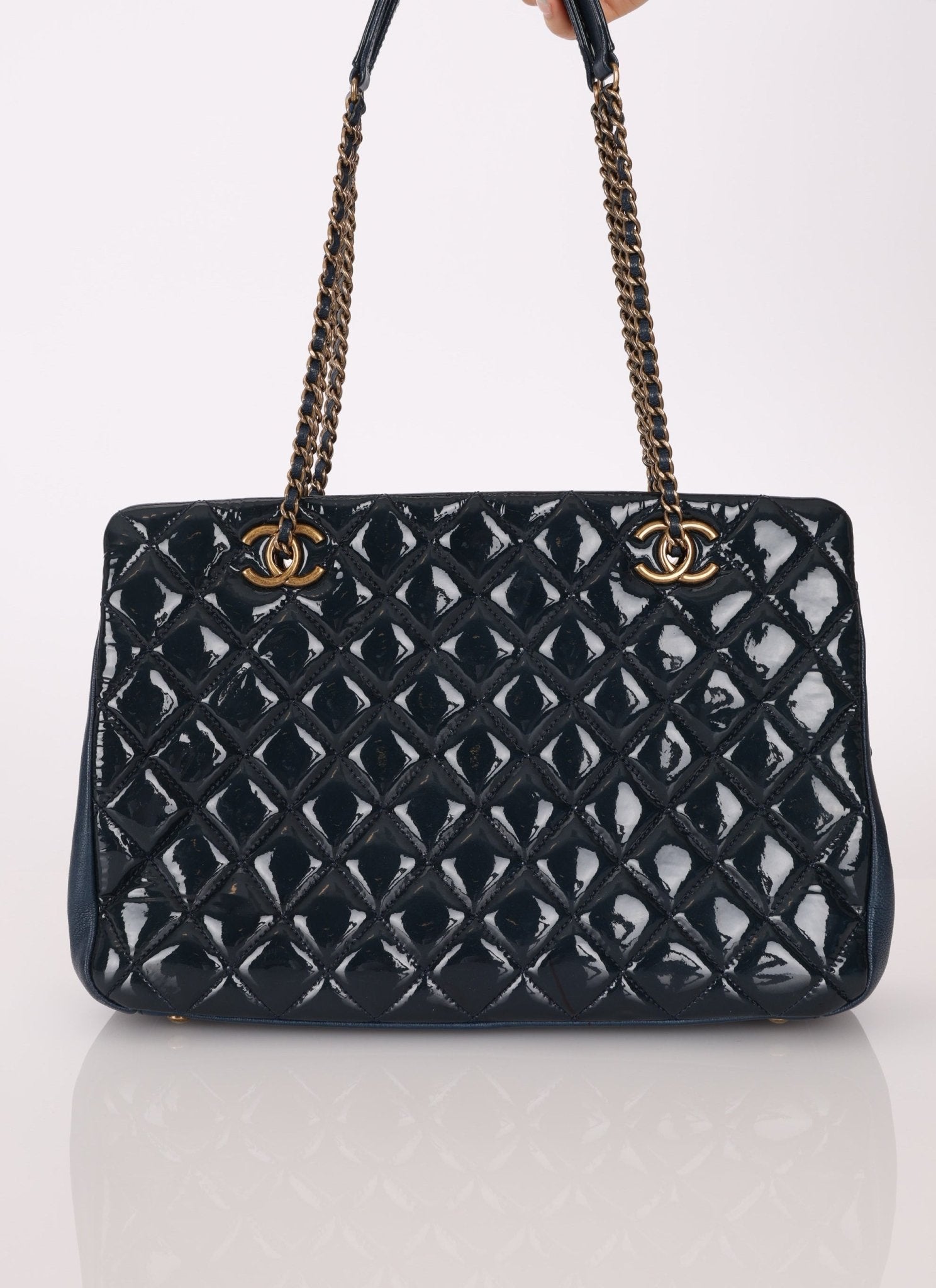 Chanel 2015 Patent Goatskin Medium Navy CC Eyelet Tote - FashioNica