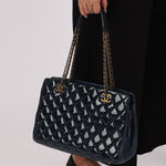 Chanel 2015 Patent Goatskin Medium Navy CC Eyelet Tote - FashioNica