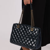 Chanel 2015 Patent Goatskin Medium Navy CC Eyelet Tote - FashioNica