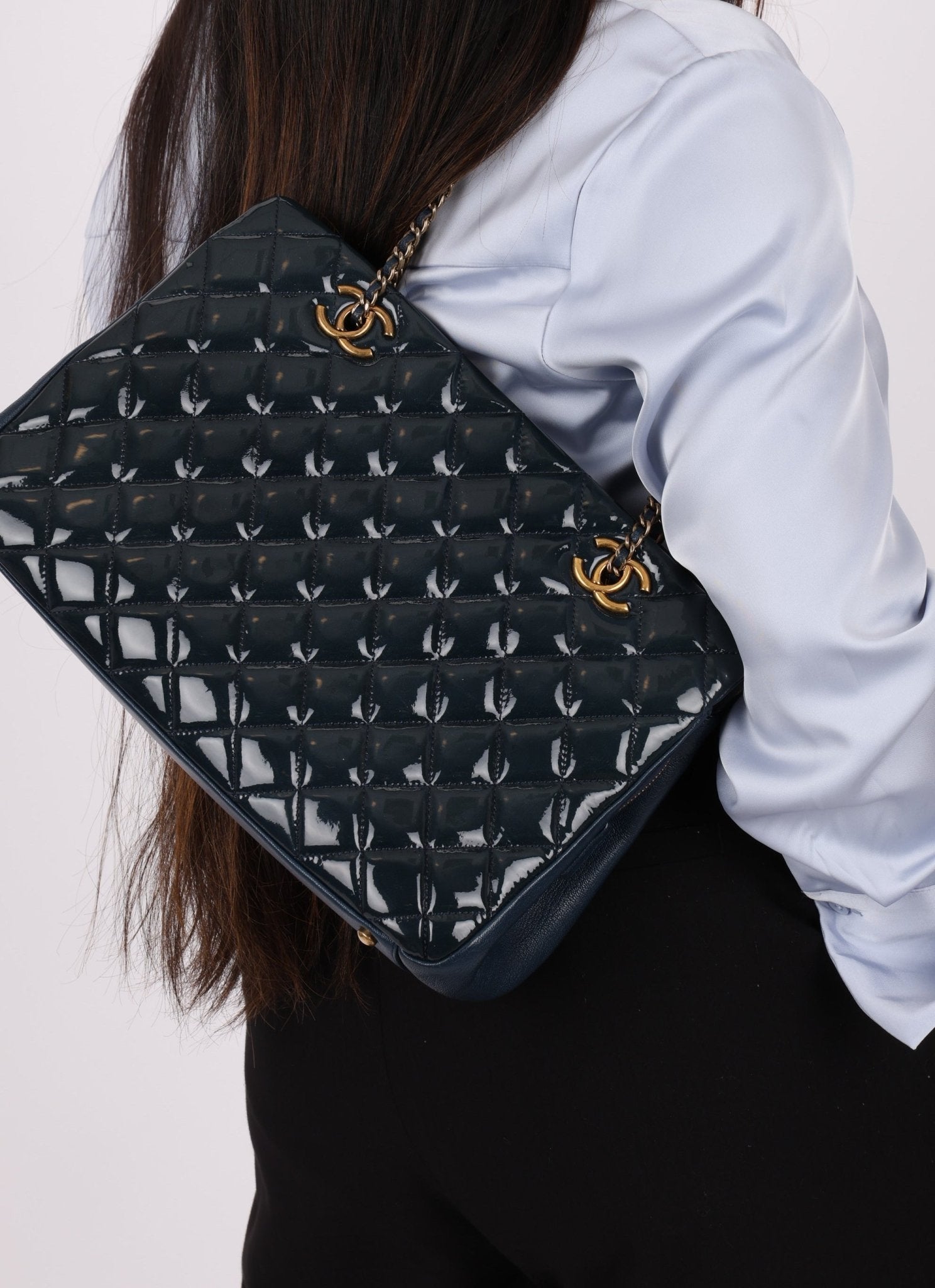 Chanel 2015 Patent Goatskin Medium Navy CC Eyelet Tote - FashioNica