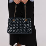 Chanel 2015 Patent Goatskin Medium Navy CC Eyelet Tote - FashioNica